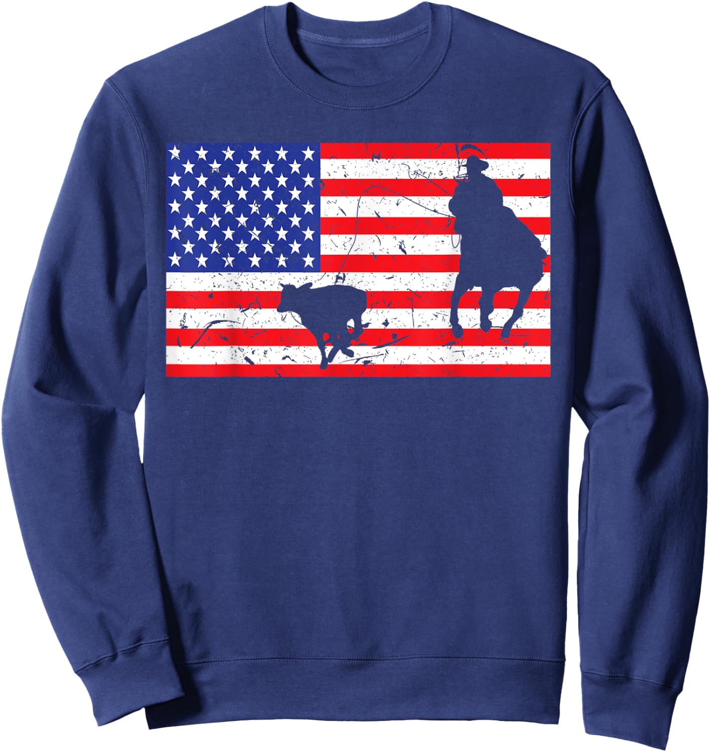 Distressed Roping USA American Flag Vintage Rodeo Calf Roper Sweatshirt - Sweatshirt | Navy