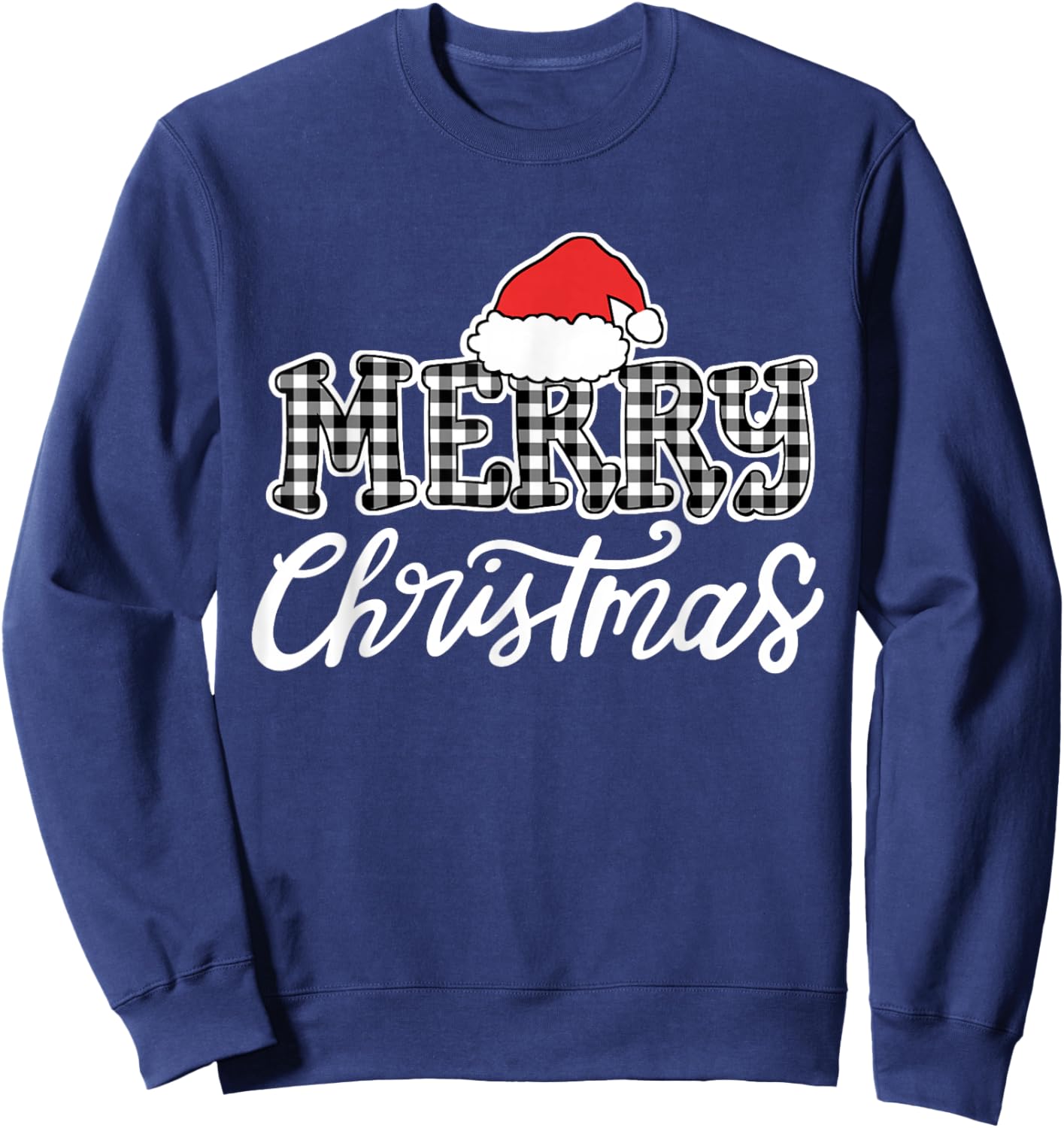 Merry Christmas Buffalo Black and White Plaid Men Women Kids Sweatshirt - Sweatshirt | Navy