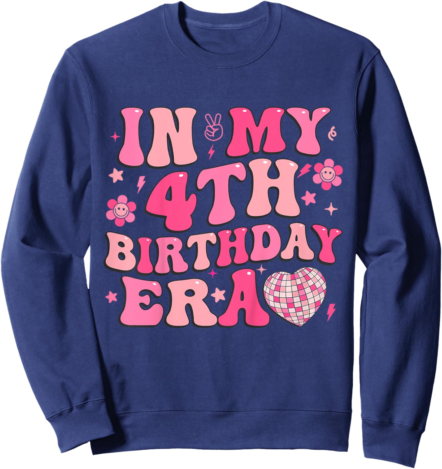 Kids Groovy In My 4th Birthday Era Four 4 Years Old Disco Heart Sweatshirt - Sweatshirt | Navy