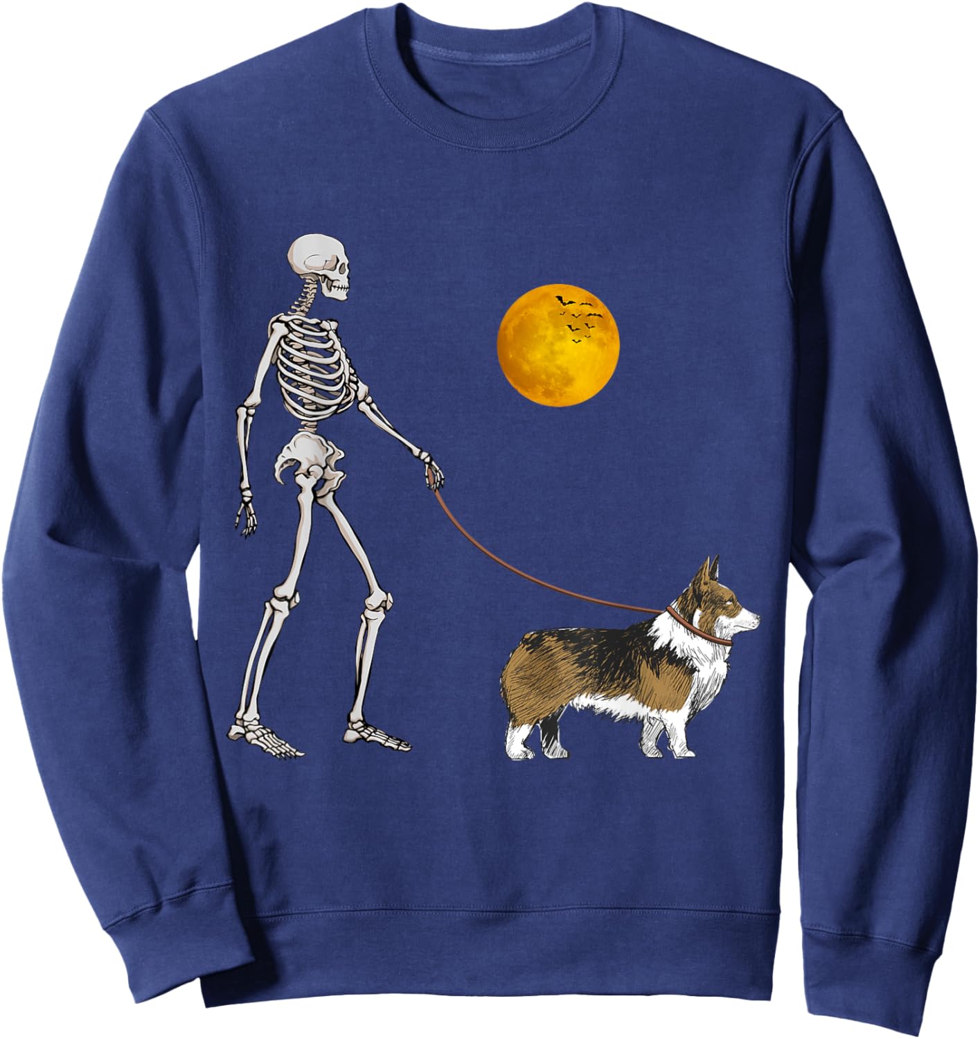 Pembroke Welsh Corgi Skeleton Dog Walking Halloween Costume Sweatshirt - Sweatshirt | Navy