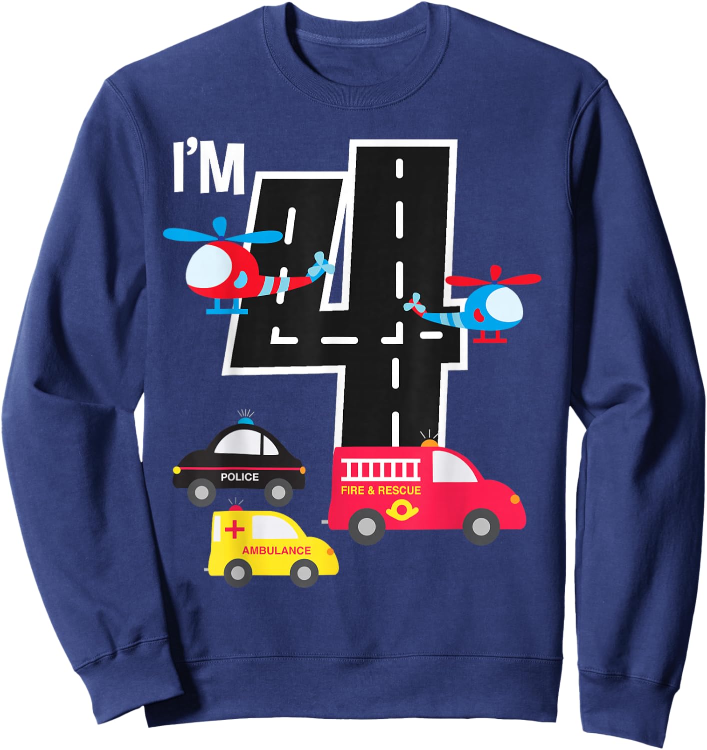 4th Birthday Fire Truck Police Car Ambulance 4 Year Toddler Sweatshirt - Sweatshirt | Navy