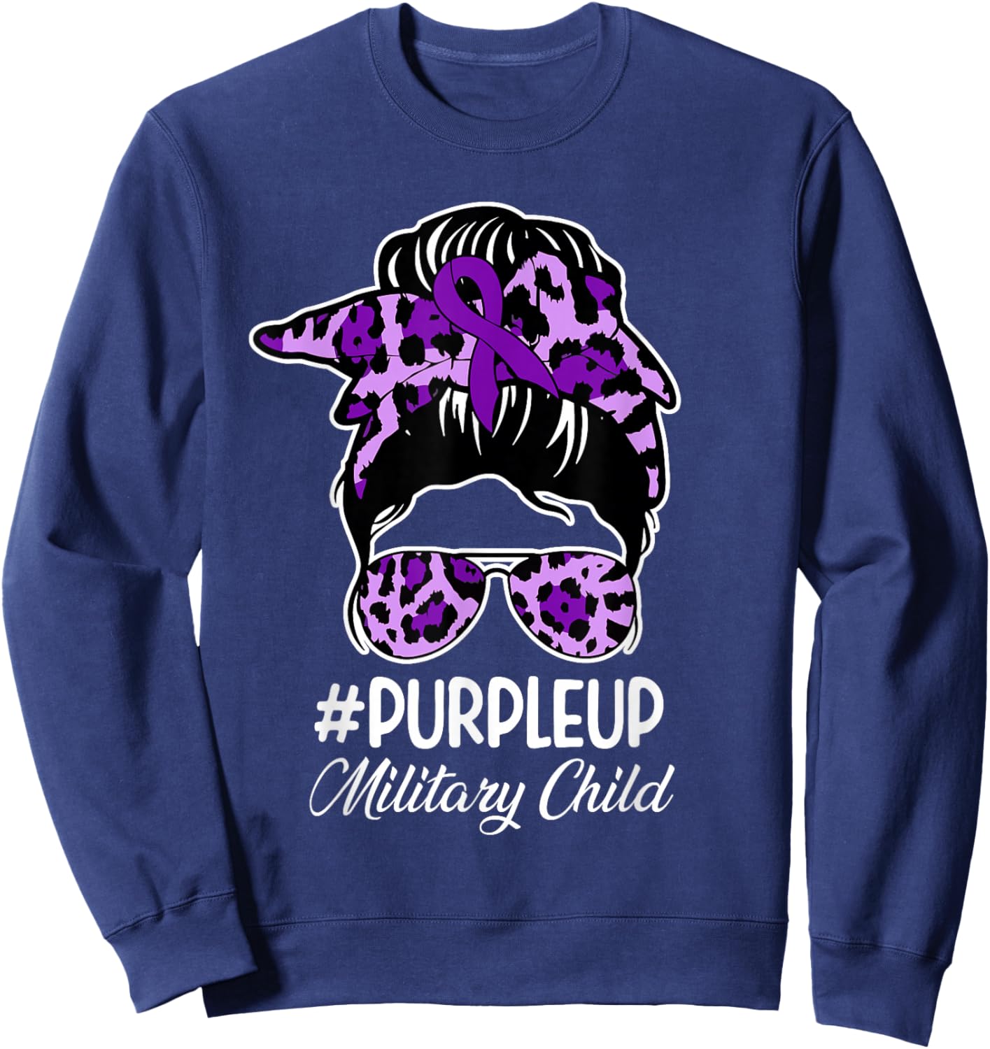 Bleached Purple Up for Military Kids Messy Bun Mom Sweatshirt - Sweatshirt | Navy