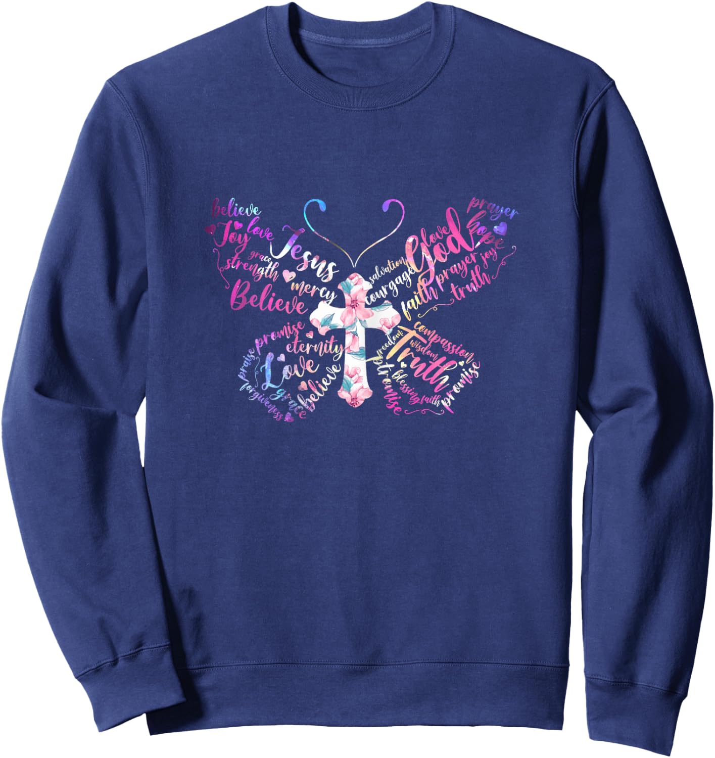 Butterfly Prayer Jesus Christian Cross Floral Pattern Sweatshirt - Sweatshirt | Navy