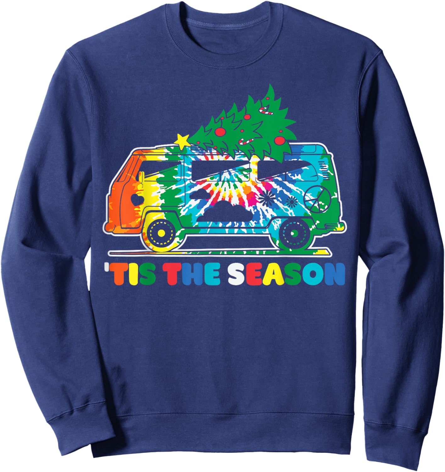 Groovy PEACE LOVE XMAS Hippie Santa Claus Funny Christmas Sweatshirt - Sweatshirt | Navy