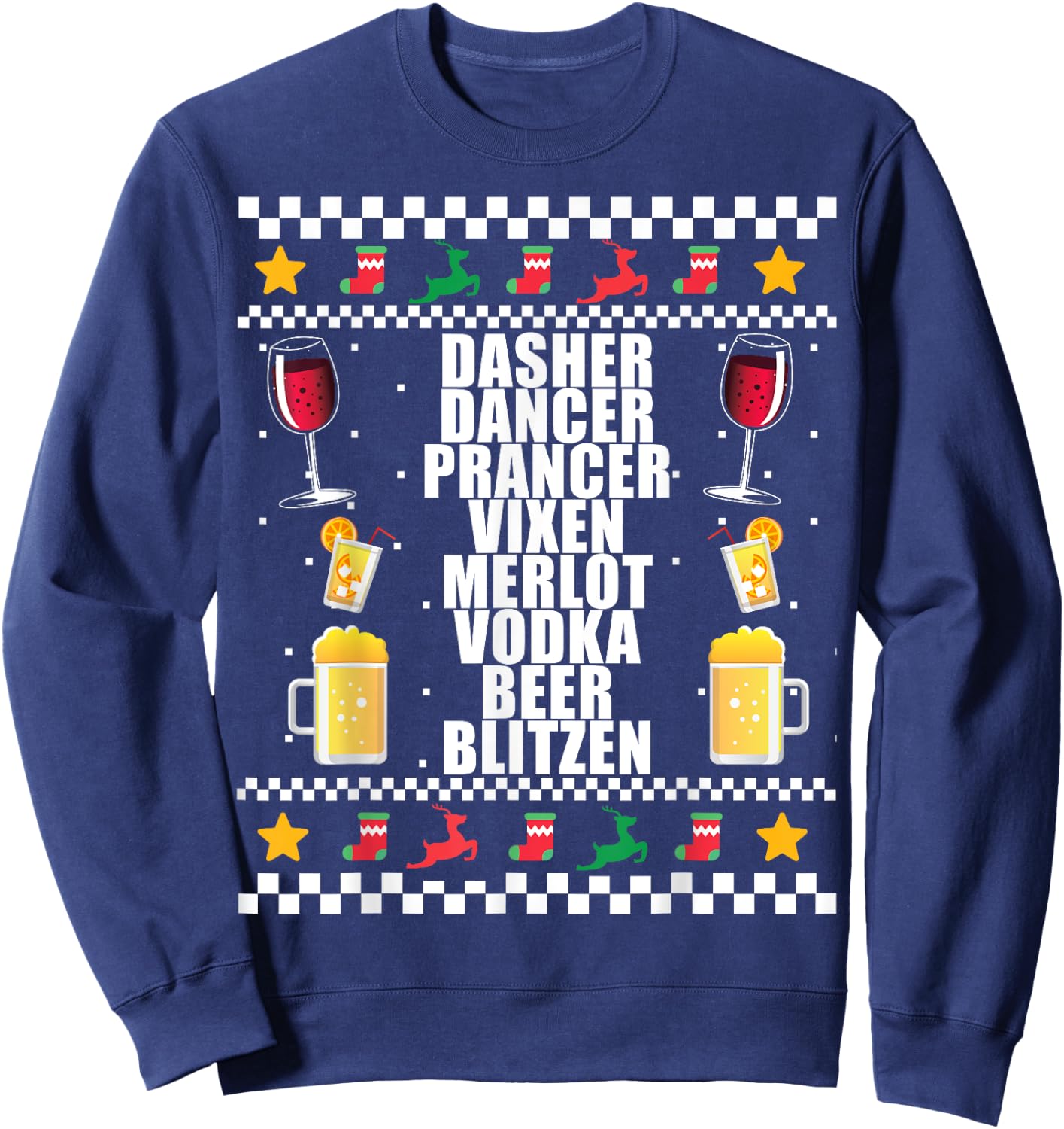 DASHER VODKA BLITZEN Alcohol Reindeer Ugly Christmas Sweater Sweatshirt - Sweatshirt | Navy