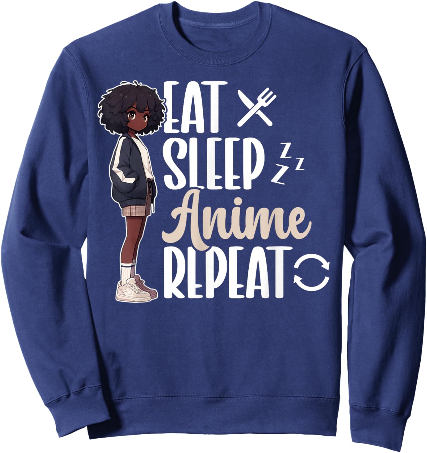 Eat Sleep Anime Repeat African American Afro Anime Merch Sweatshirt - Sweatshirt | Navy