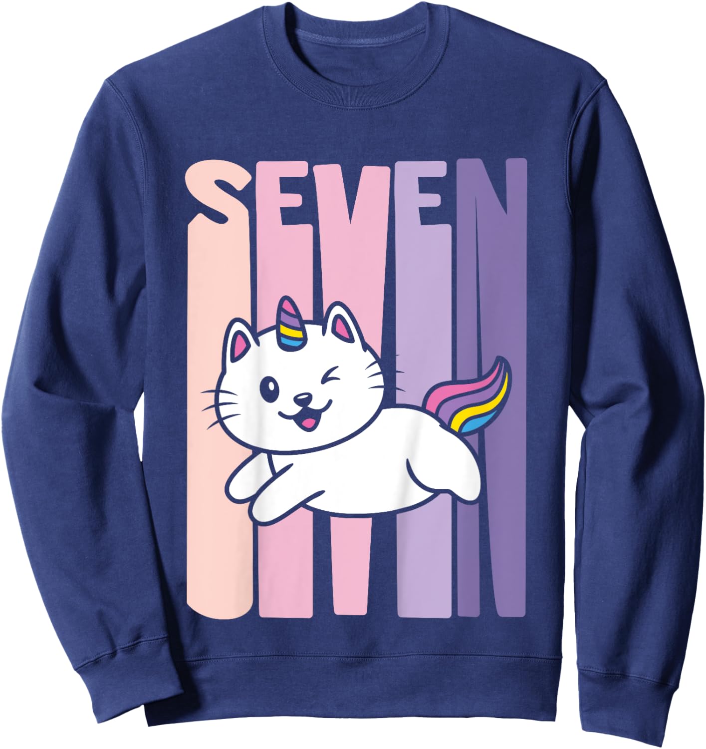 7 Year Old Cute Caticorn Cat Unicorn Birthday Girl B-day Sweatshirt - Sweatshirt | Navy