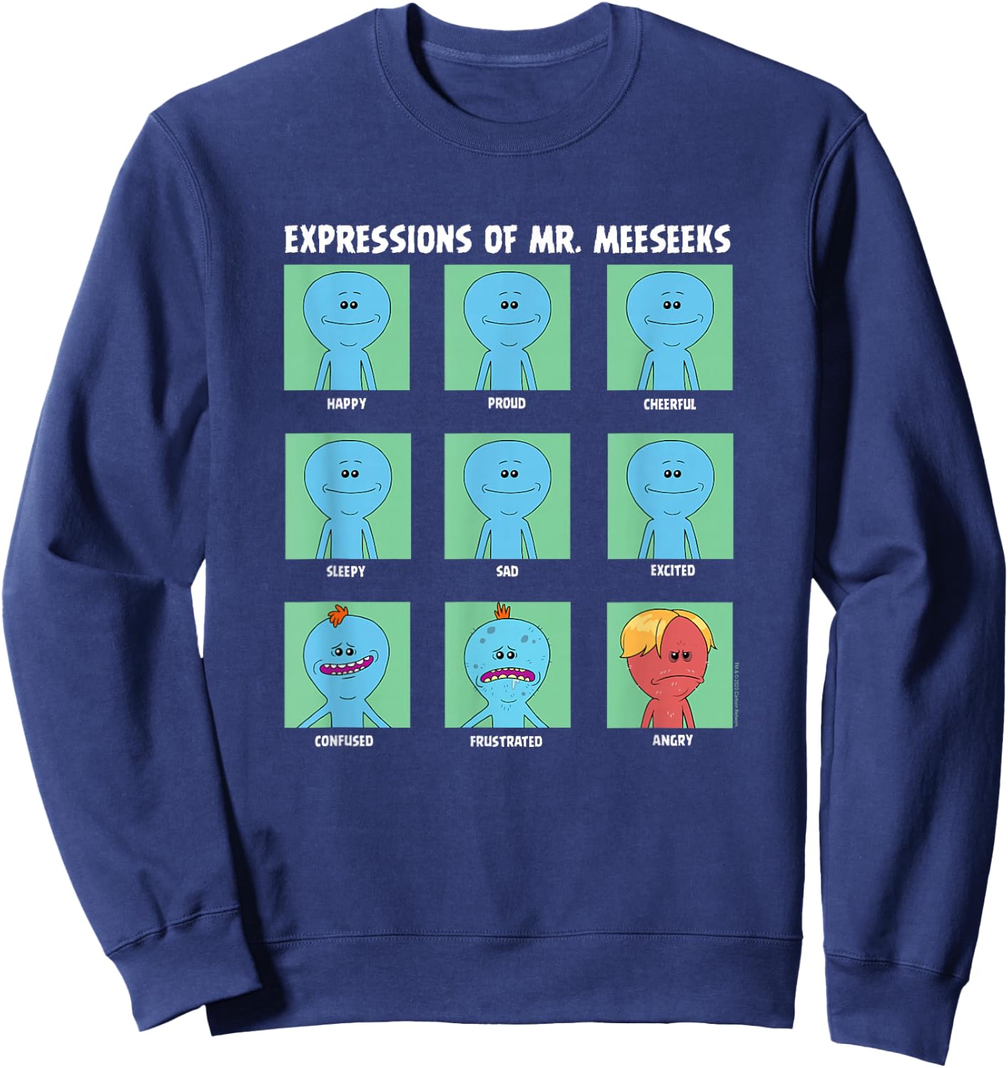 Rick and Morty Expressions of Mr. Meeseeks Small Sweatshirt - Sweatshirt | Navy