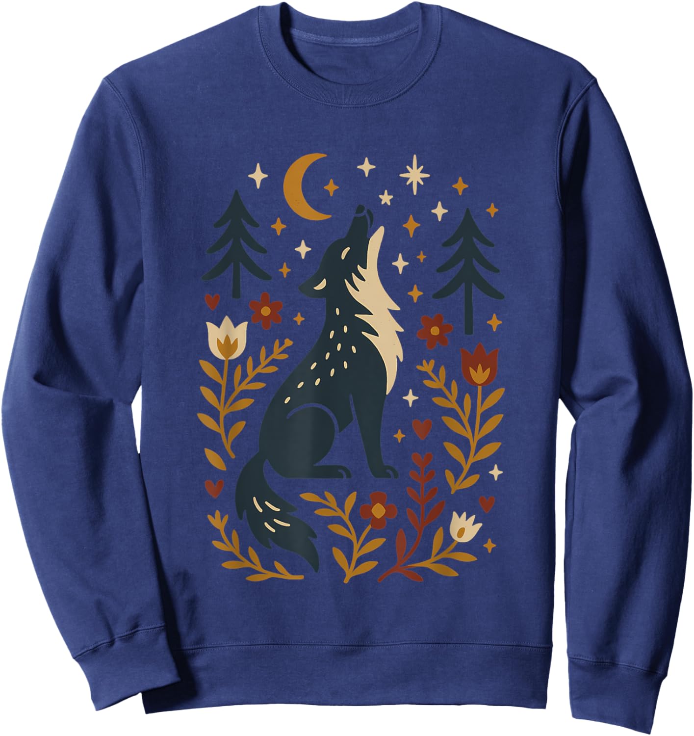 Scandinavian Folk Art Wolf Howling Botanical Floral Sweatshirt - Sweatshirt | Navy