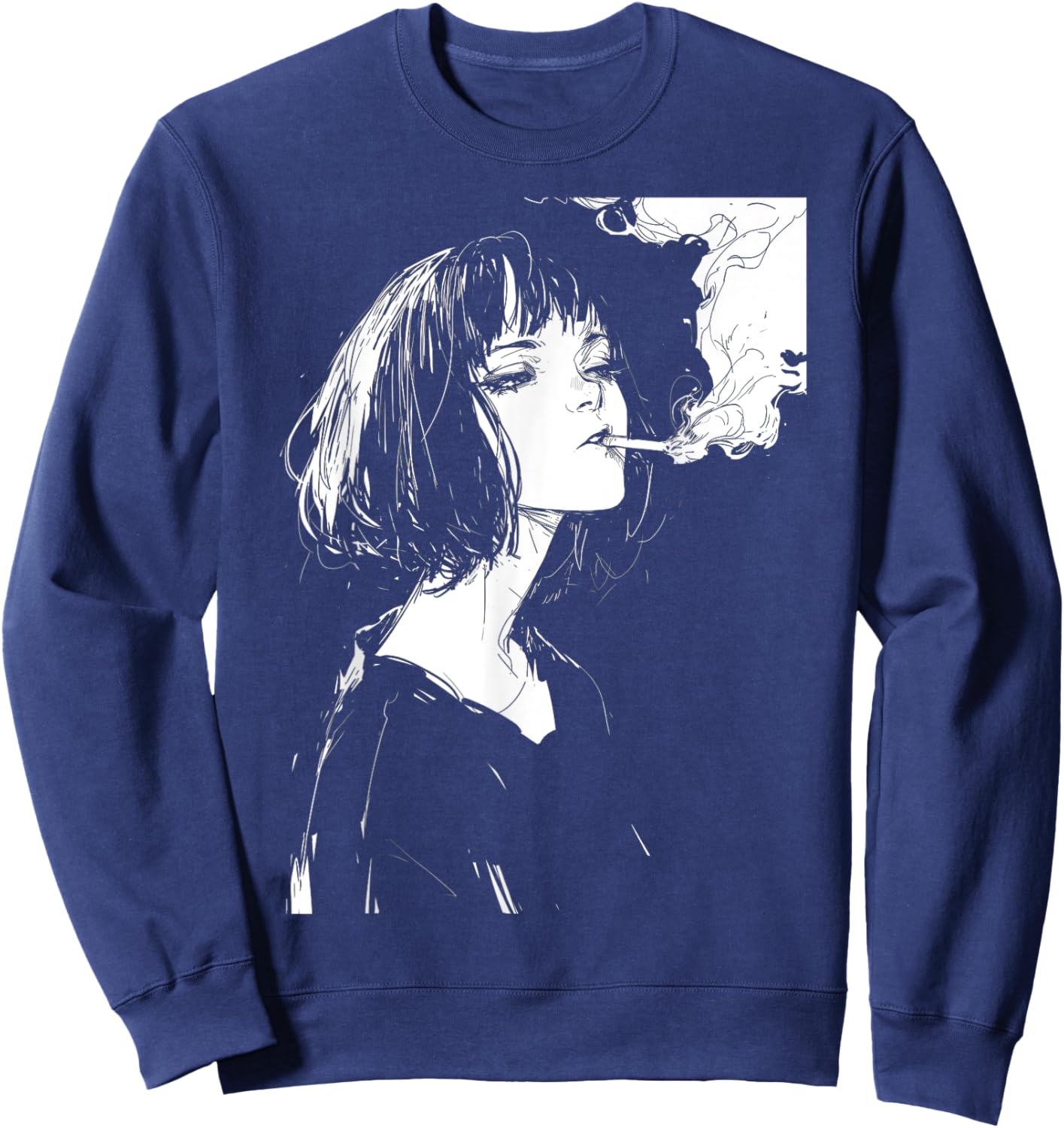 Soft Grunge Kawaii Anime Girl Smoking Waifu Otaku Japanese Sweatshirt - Sweatshirt | Navy