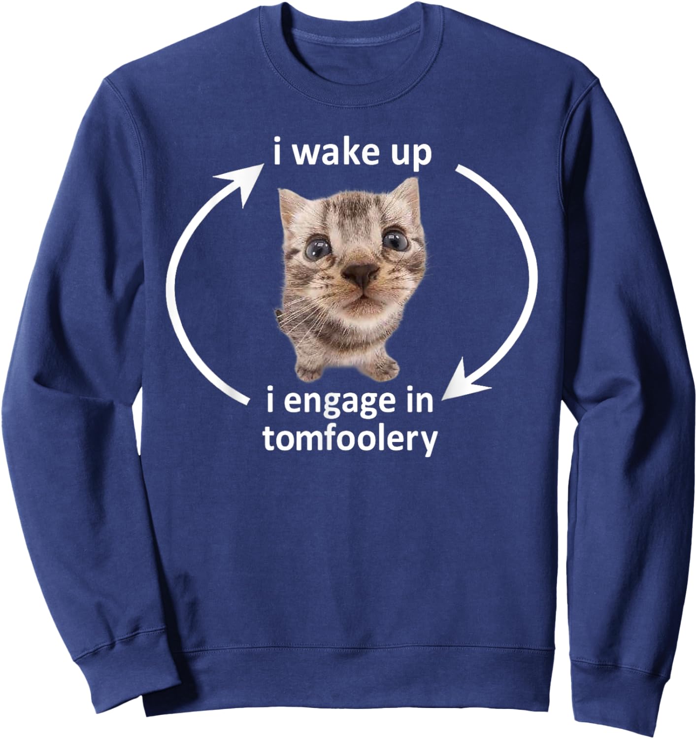 I Wake Up I Engage In Tomfoolery Funny Cat Meme Men Women Sweatshirt - Sweatshirt | Navy