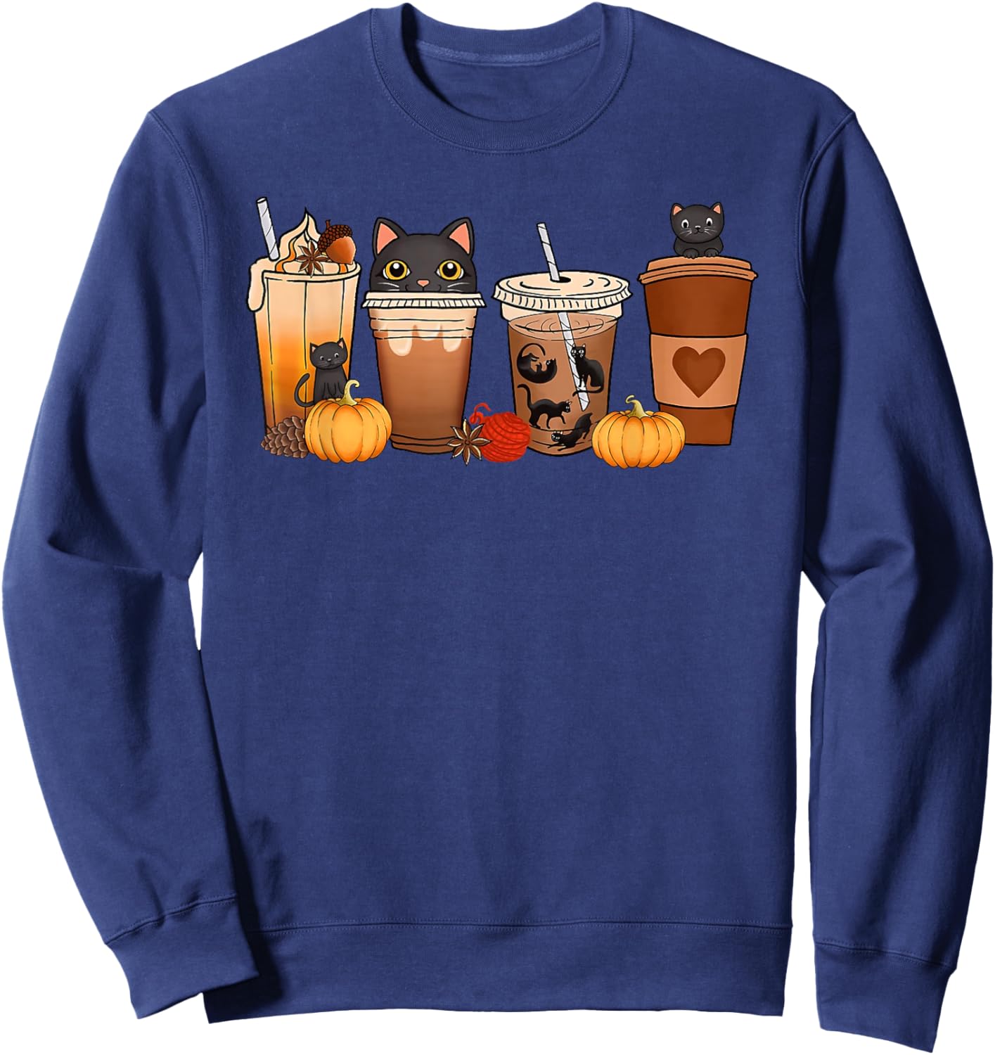 Black Cat Halloween Iced Coffee Cups Fall Pumpkin Kitten Women Kids Sweatshirt - Sweatshirt | Navy