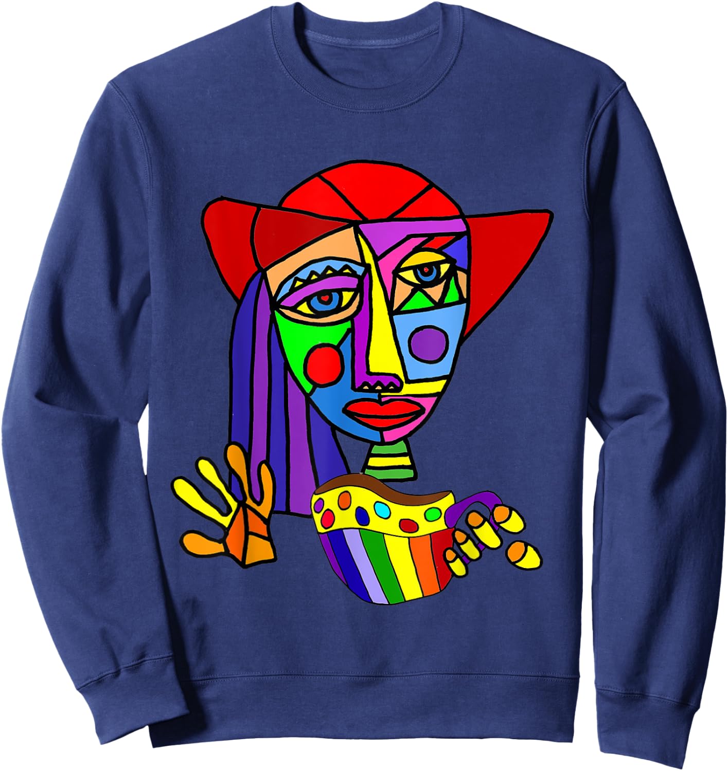 Smileteesfunny Funny Woman Drinking Coffee Cubism Art Sweatshirt - Sweatshirt | Navy
