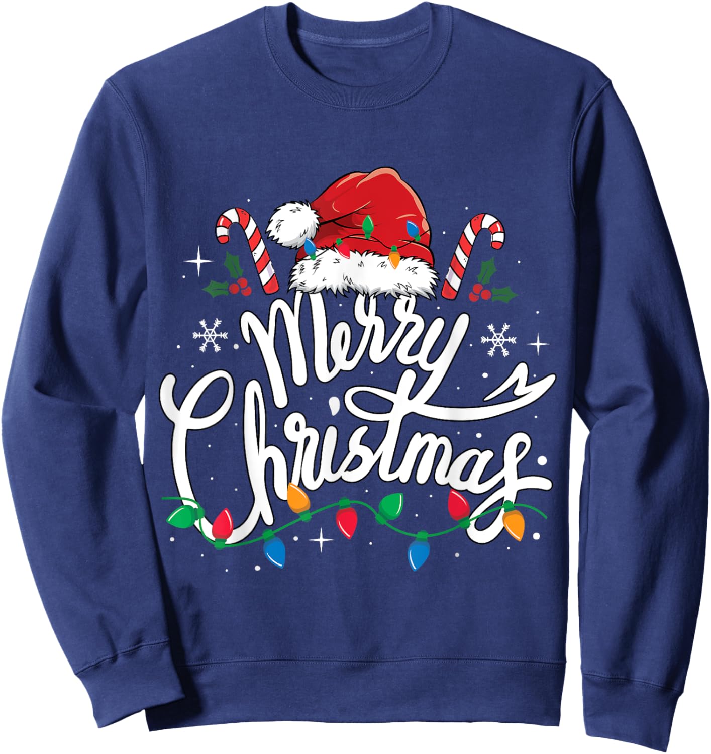 Merry Christmas Lights Red Santa Hat Xmas Family Men Women Sweatshirt - Sweatshirt | Navy