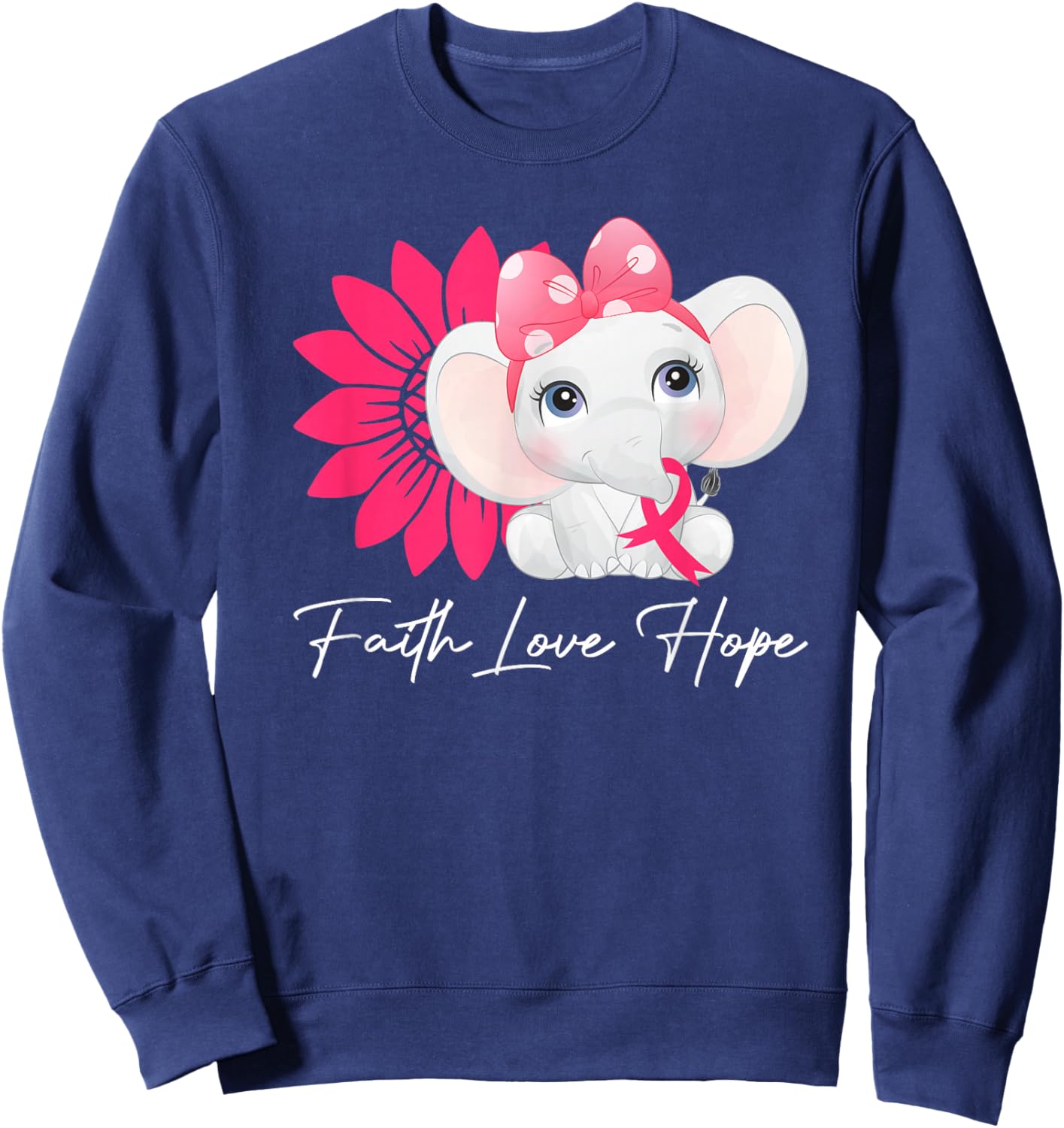 Breast Cancer Cute Elephant With Sunflower and Pink Ribbon Sweatshirt - Sweatshirt | Navy