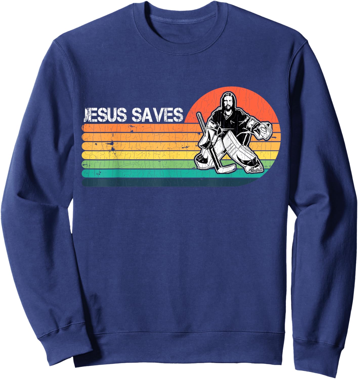 Vintage Retro Sunset Jesus Saves Hockey Player Jesus Lover Sweatshirt - Sweatshirt | Navy
