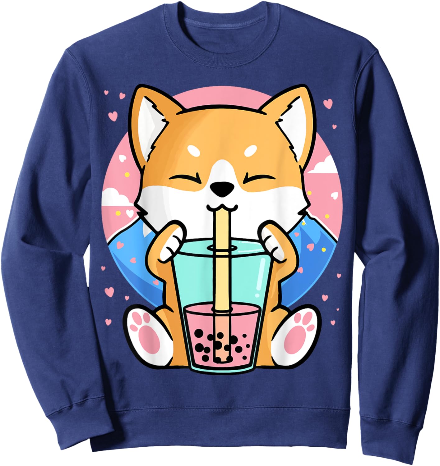Kawaii Corgi Dog Bubble Tea Boba Anime Neko Japanese Women Girls Kids Sweatshirt - Sweatshirt | Navy