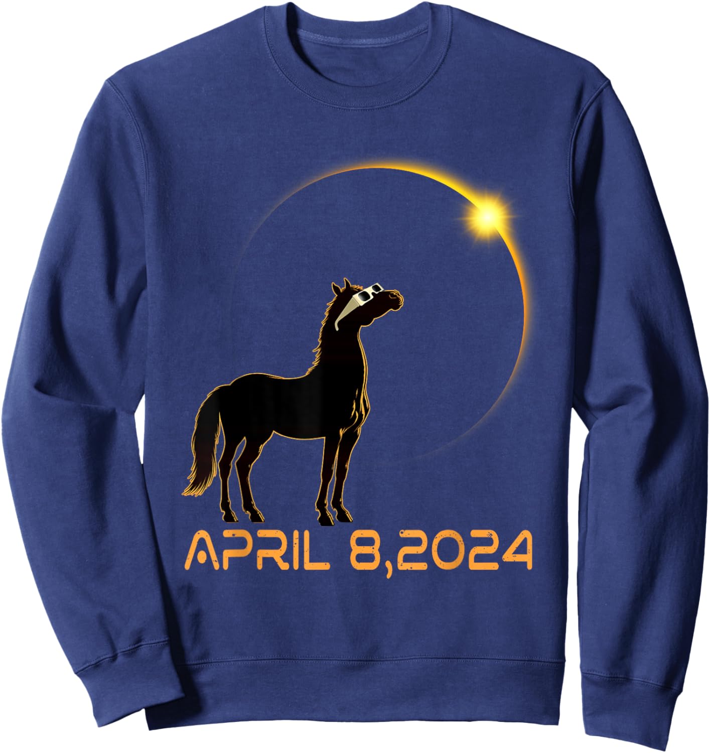Total Solar Eclipse 2024 Horse Wearing Solar Eclipse Glasses Sweatshirt - Sweatshirt | Navy