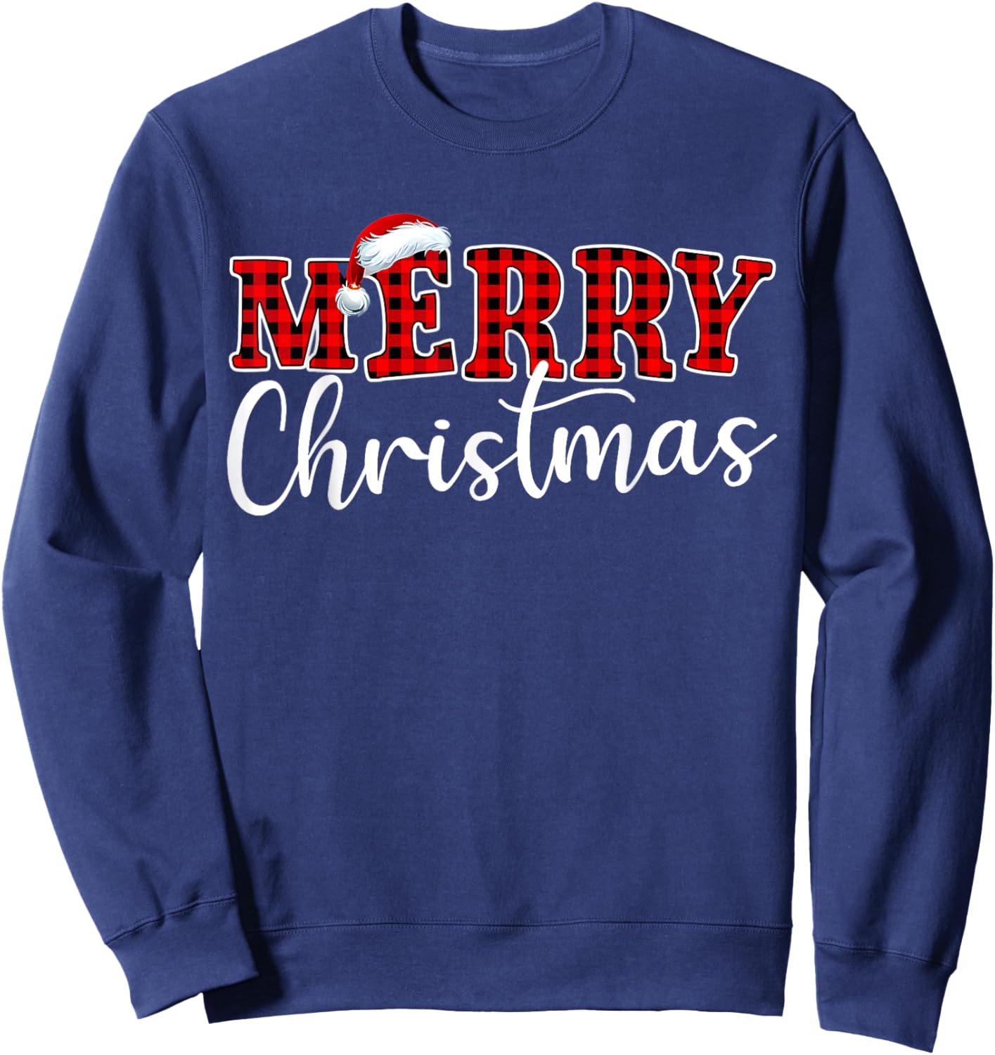 Merry Christmas Buffalo Plaid Red Santa Hat Xmas Pajamas Sweatshirt - Sweatshirt | Navy