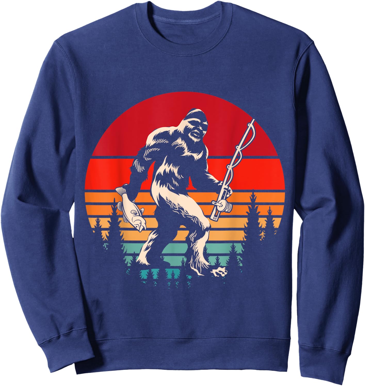 Retro Yeti Sasquatch Cryptid Fishermen Gift Fishing Bigfoot Sweatshirt - Sweatshirt | Navy