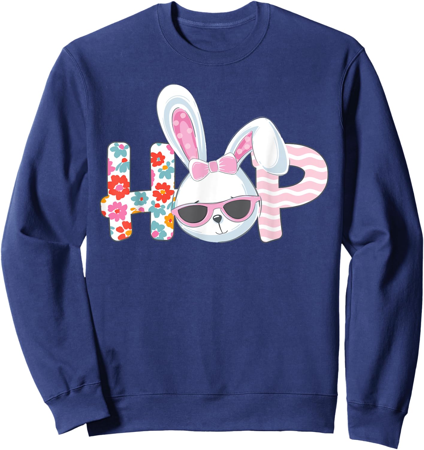 Easter Shirt for Girls Women Hop Easter Bunny Flowers Gift Sweatshirt - Sweatshirt | Navy