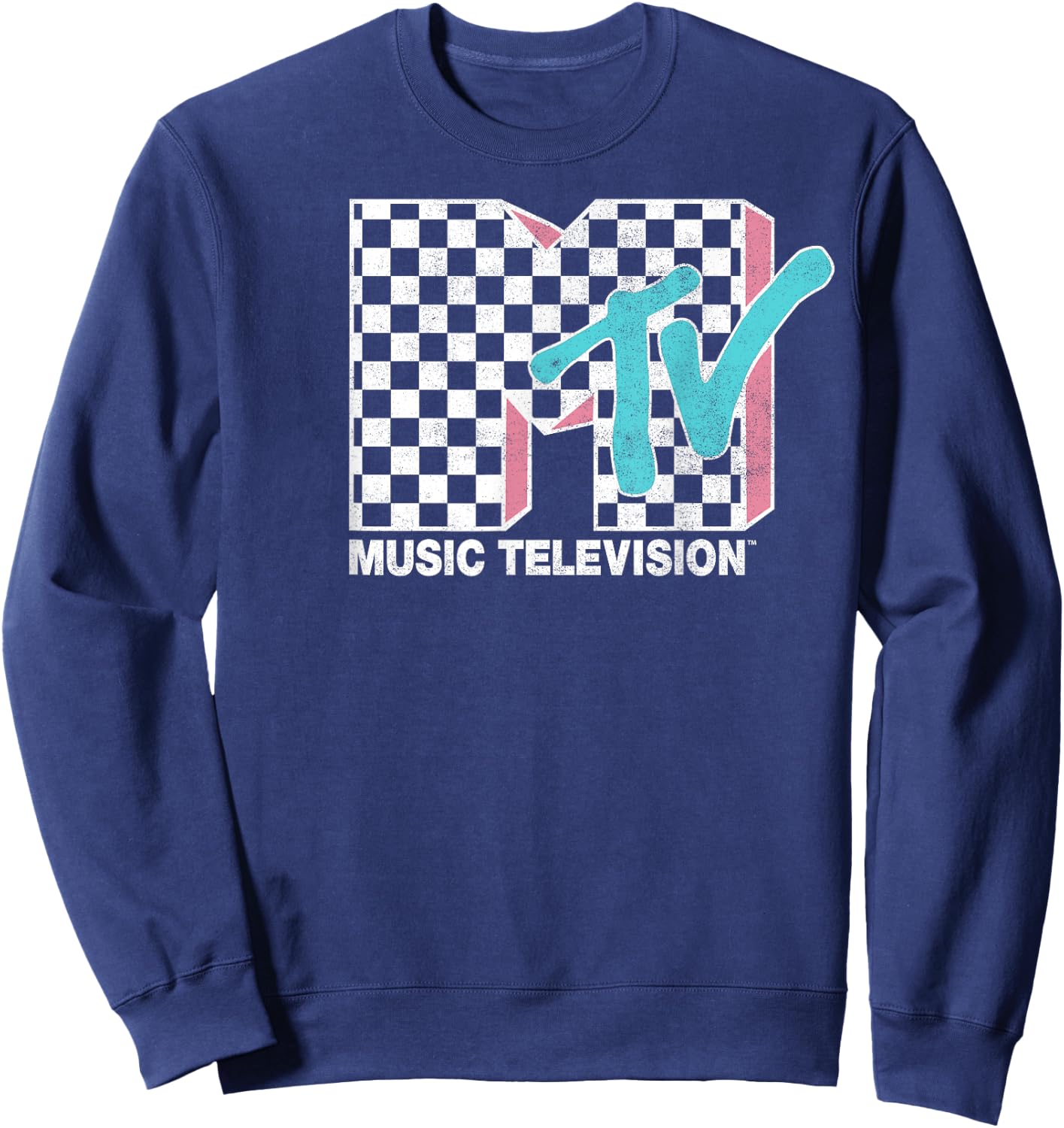 MTV Neon Distressed Checkered Logo Graphic Sweatshirt - Sweatshirt | Navy