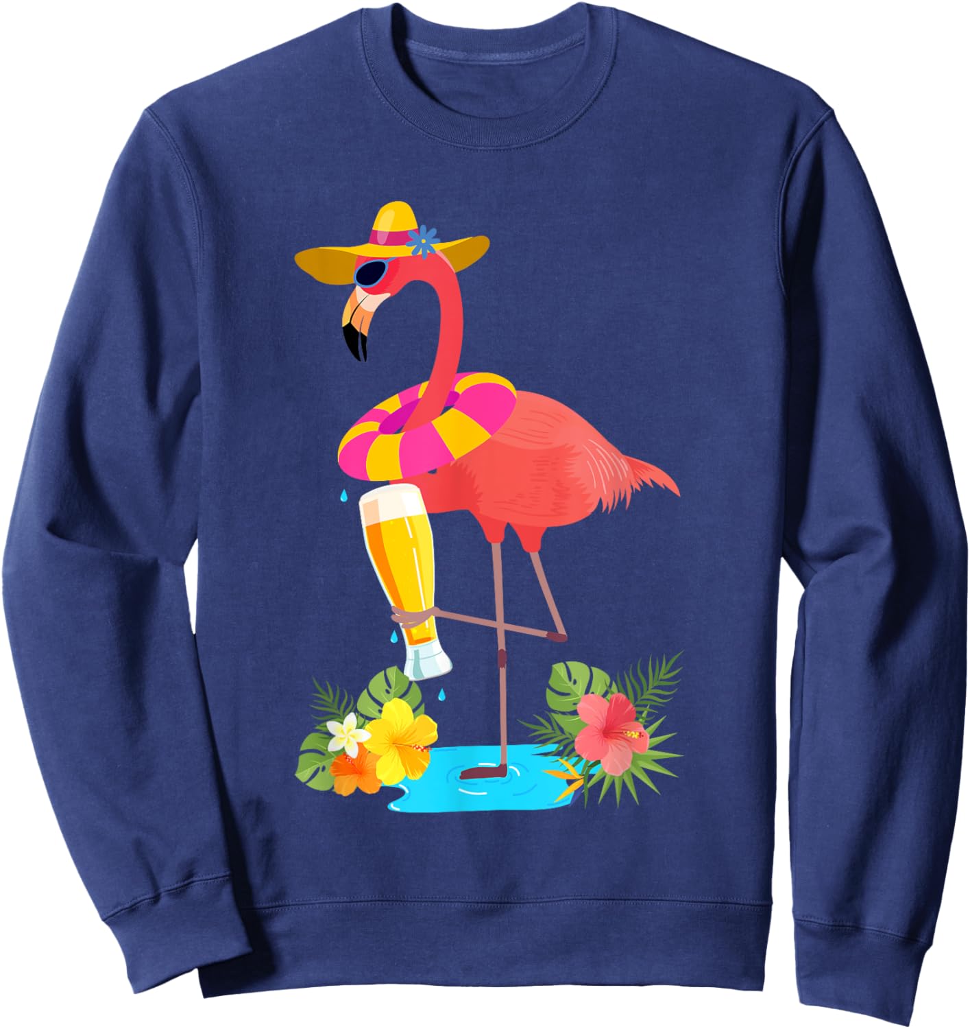 Pink Flamingo Drinking Beer Summer Vacation Beer Lover Sweatshirt - Sweatshirt | Navy