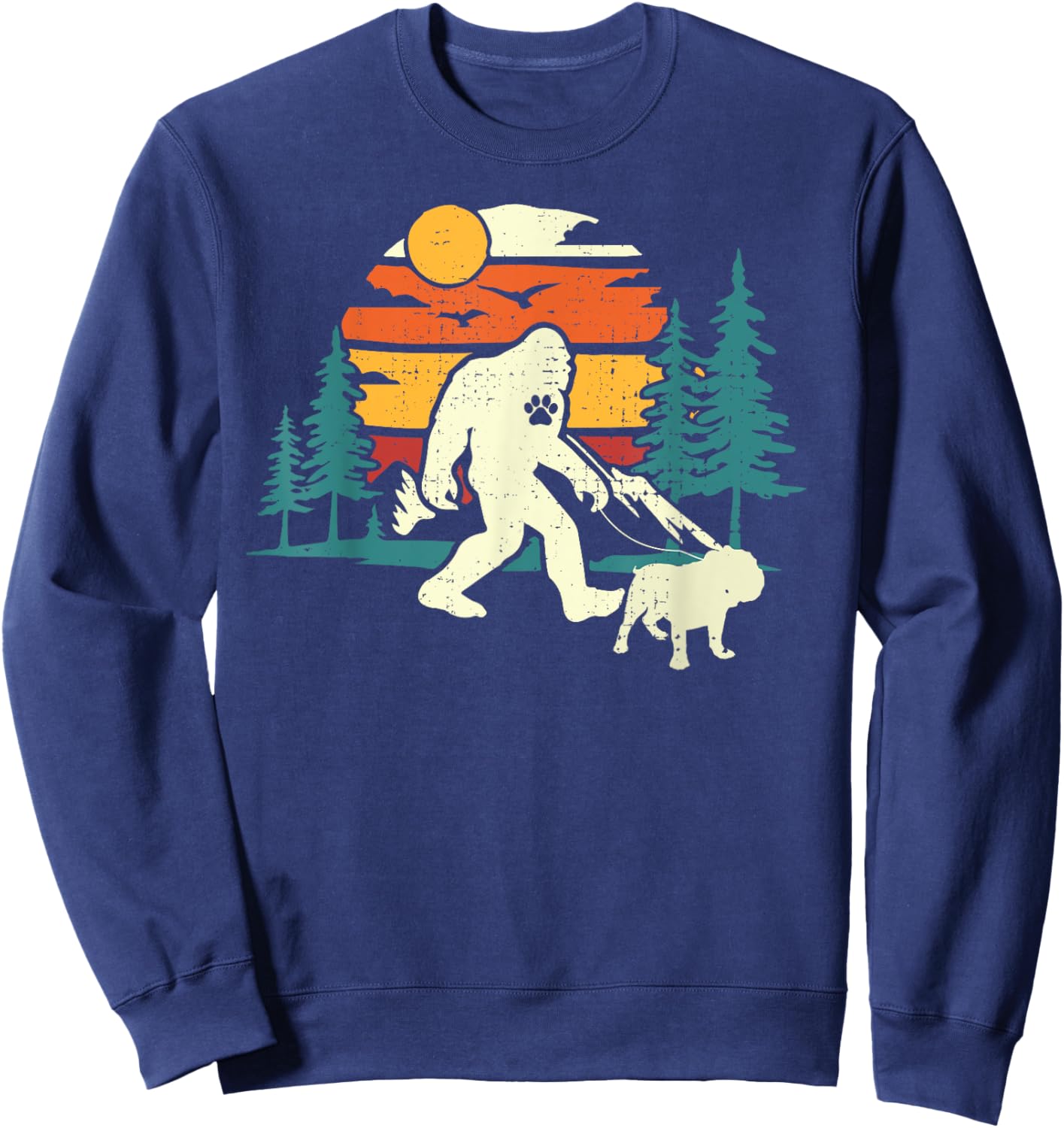 Retro Bigfoot Walking English Bulldog Dog Walker Sasquatch Men Women Girls Kids Sweatshirt - Sweatshirt | Navy