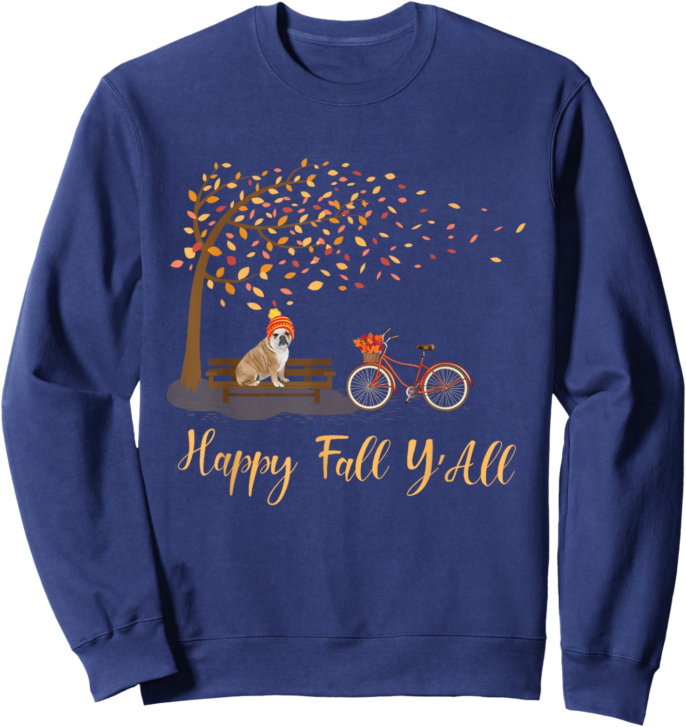 Happy Fall Y'All Funny English Bulldog Autumn Season Bicycle Women Kids Sweatshirt - Sweatshirt | Navy