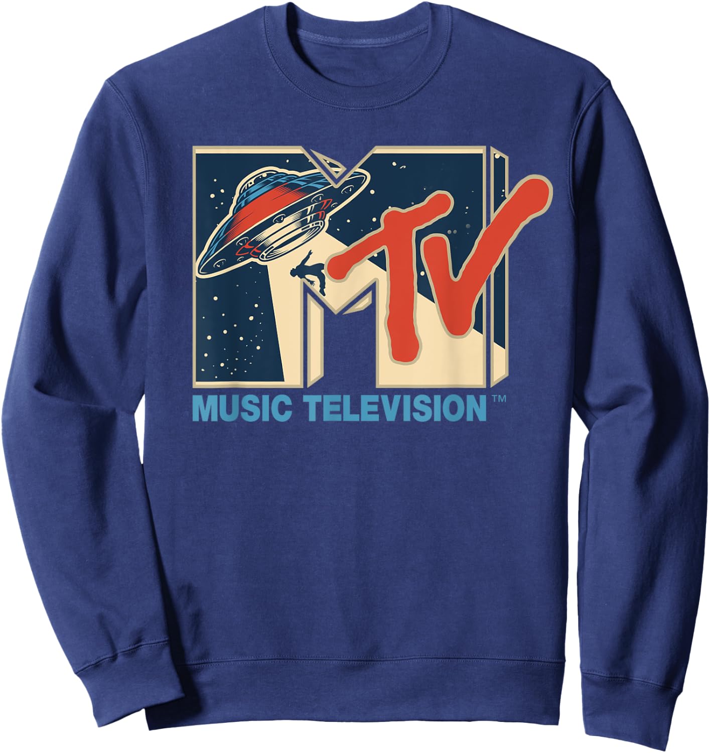 Mademark x MTV - MTV Logo Alien UFO Space Ship Teleporting Beam In Space MTv Sweatshirt - Sweatshirt | Navy