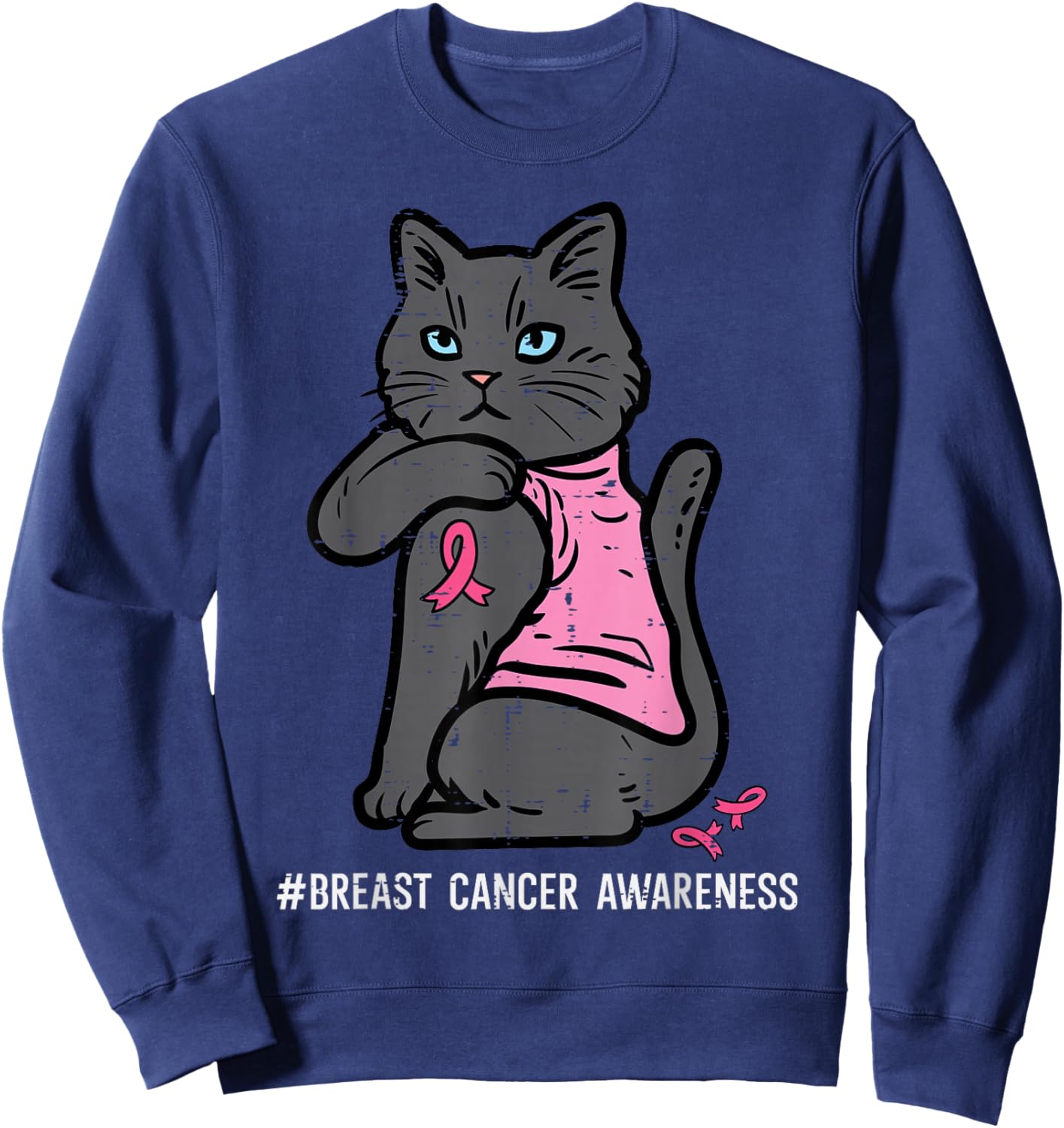 Breast Cancer Cat Pink Ribbon Awareness Women Girls Kids Sweatshirt - Sweatshirt | Navy