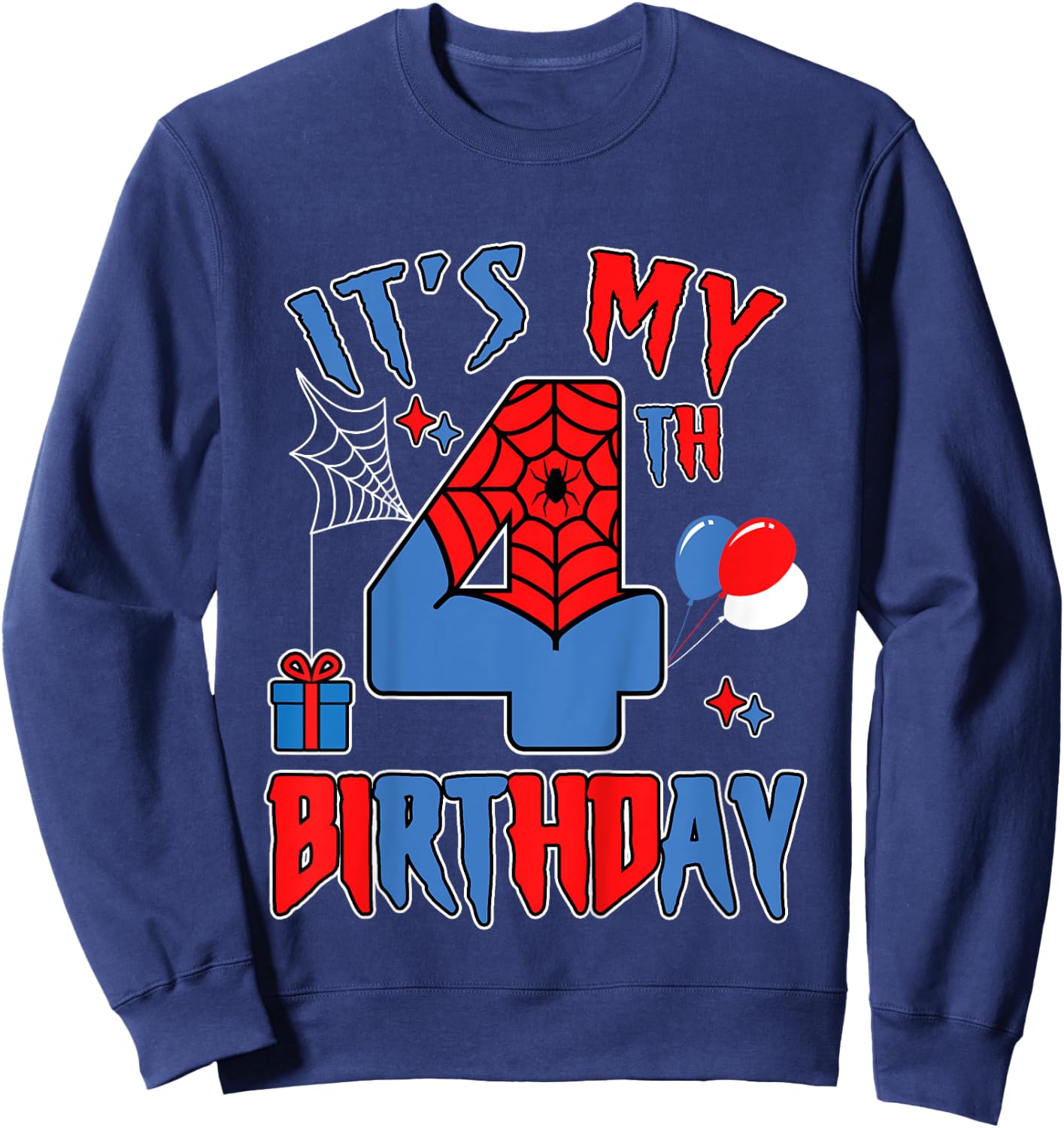 Kids 4th Birthday Spider Web Theme Party four 4 Year Bday Boy Sweatshirt - Sweatshirt | Navy
