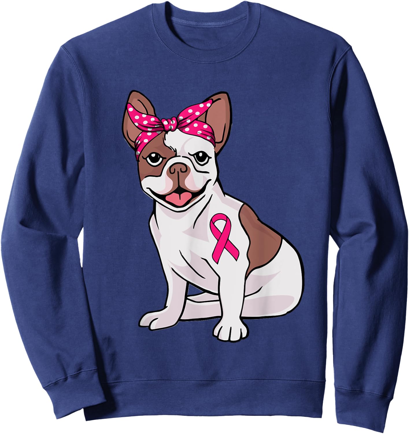 French Bulldog Pink Bandana Breast Cancer Awareness Cute Dog Sweatshirt - Sweatshirt | Navy