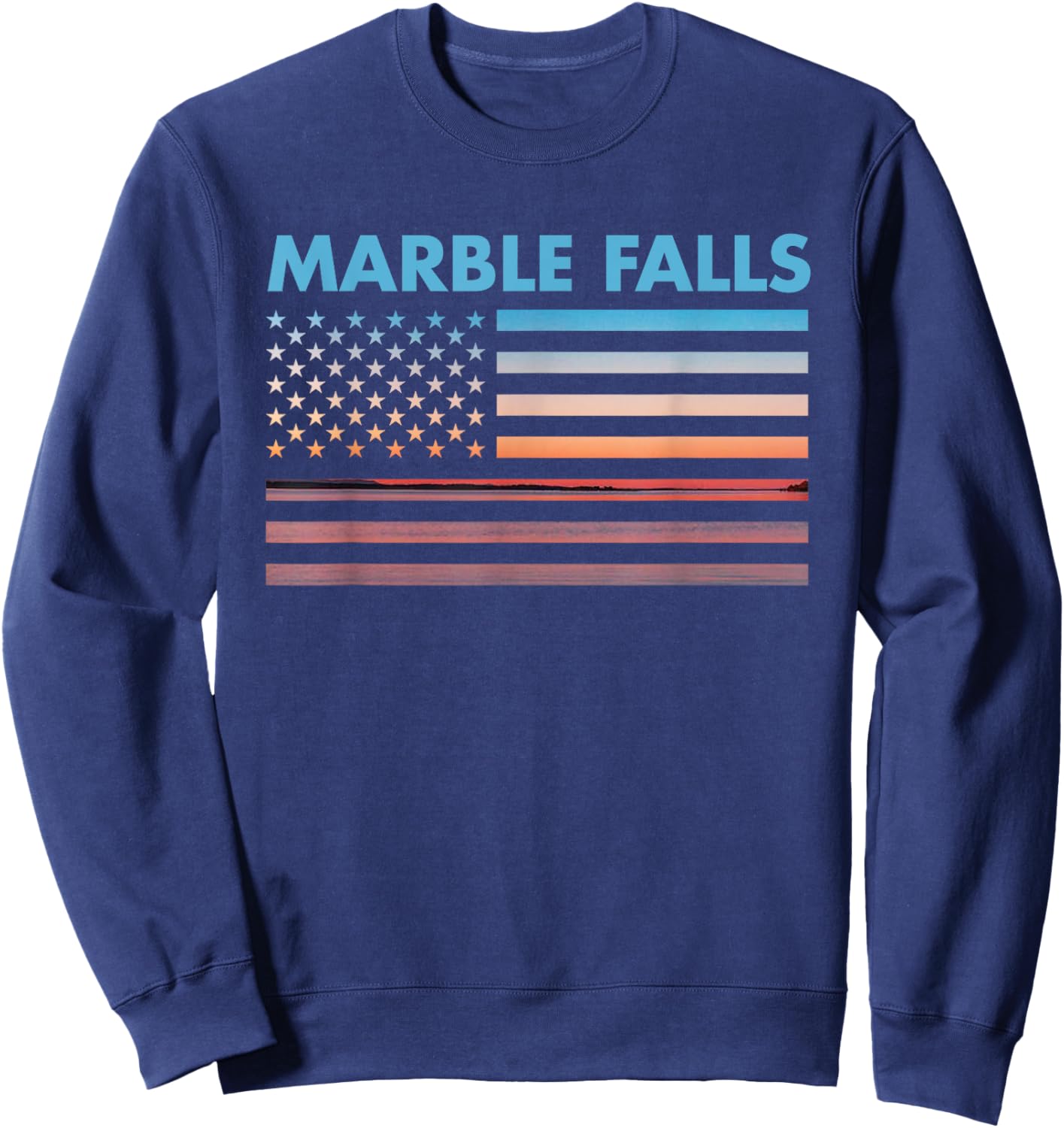 Vintage Sunset American Flag Marble Falls, Texas Sweatshirt - Sweatshirt | Navy