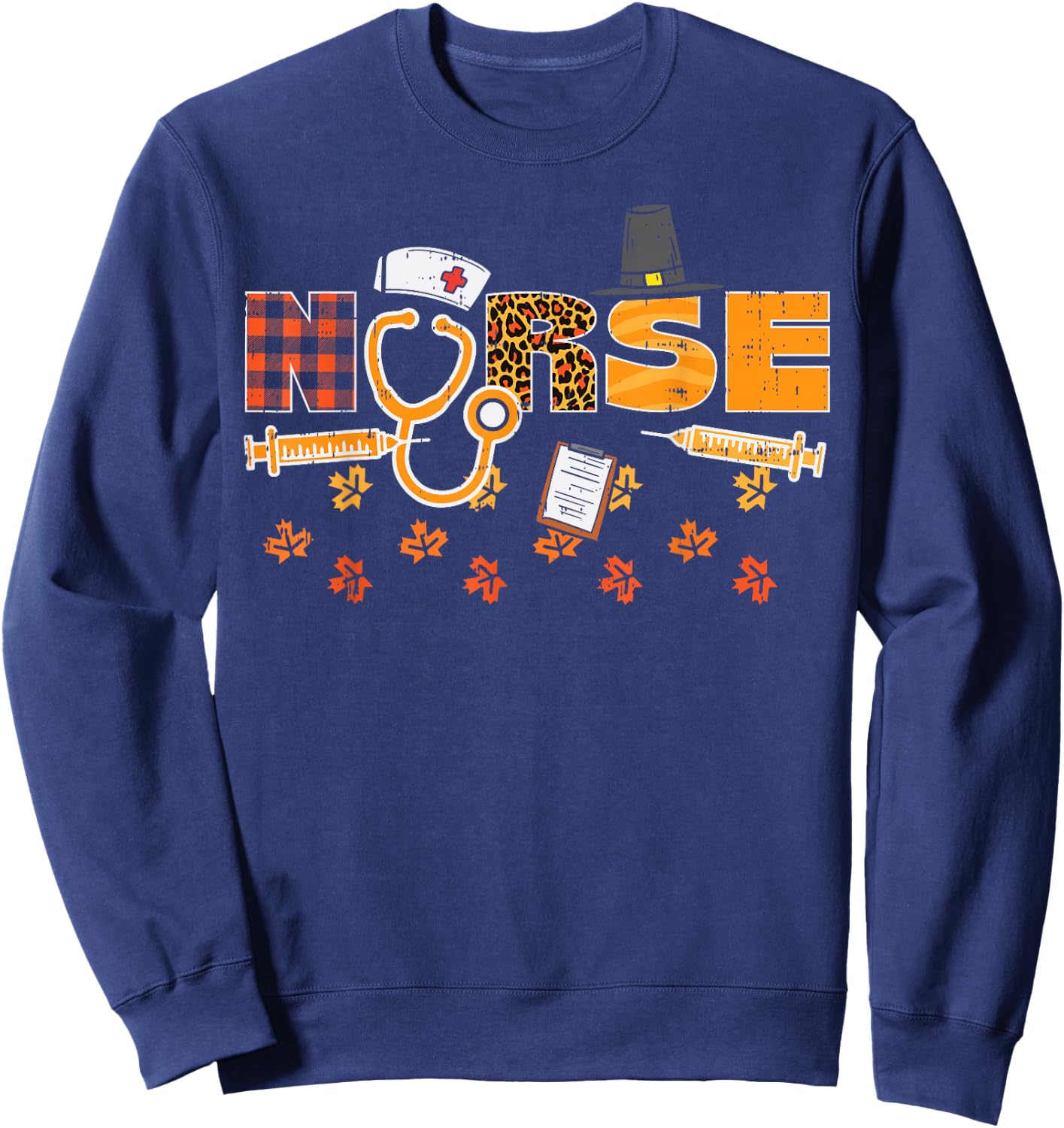Thanksgiving Leopard Plaid Nurse Fall Scrub Top RN Men Women Sweatshirt - Sweatshirt | Navy