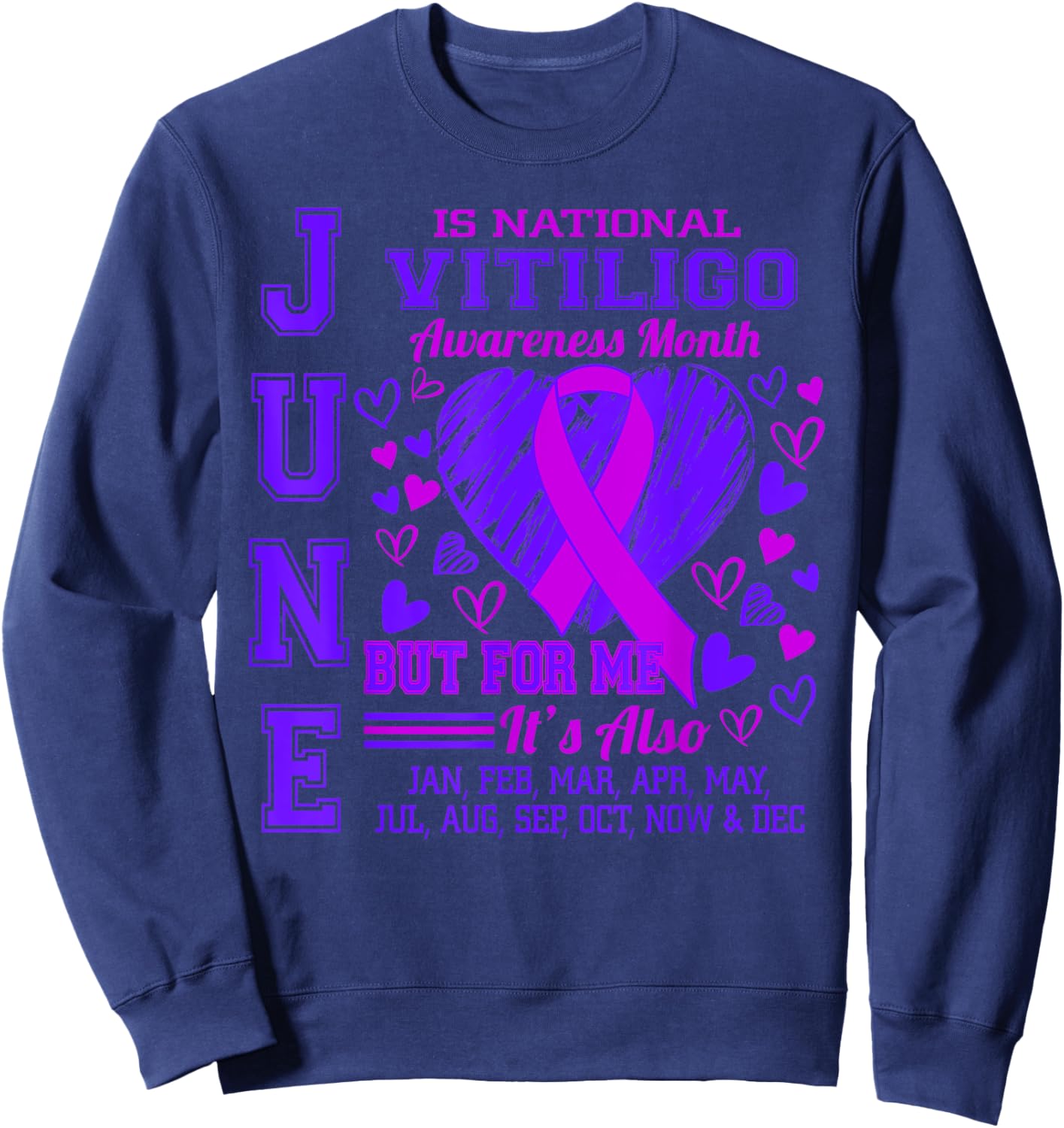 June is National Vitiligo Awareness Month Purple Ribbon Sweatshirt - Sweatshirt | Navy