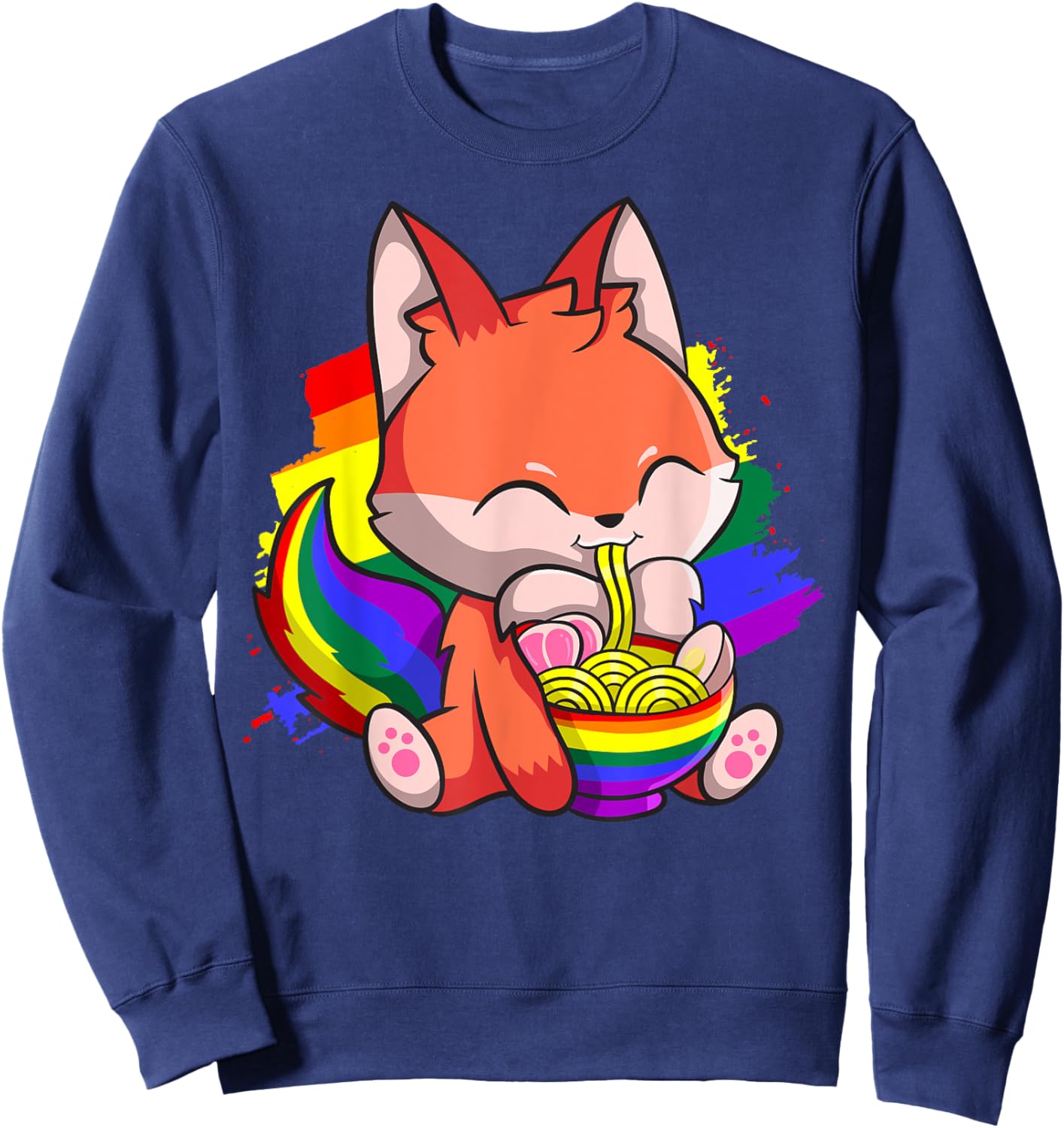 Gay Pride Kawaii Fox Ramen Noodles Rainbow Flag Sweatshirt - Sweatshirt | Navy