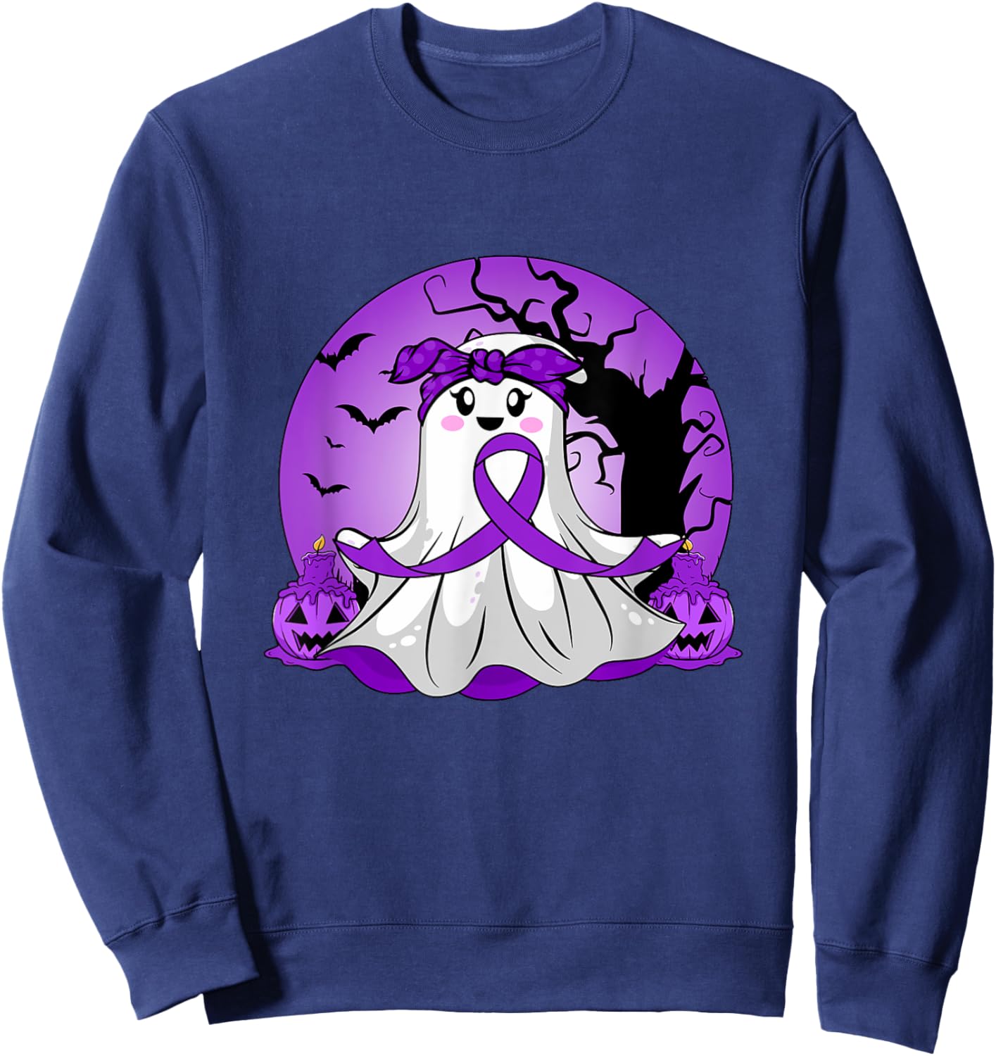 Pancreatic Cancer Halloween Ghost Purple Ribbon Awareness Sweatshirt - Sweatshirt | Navy