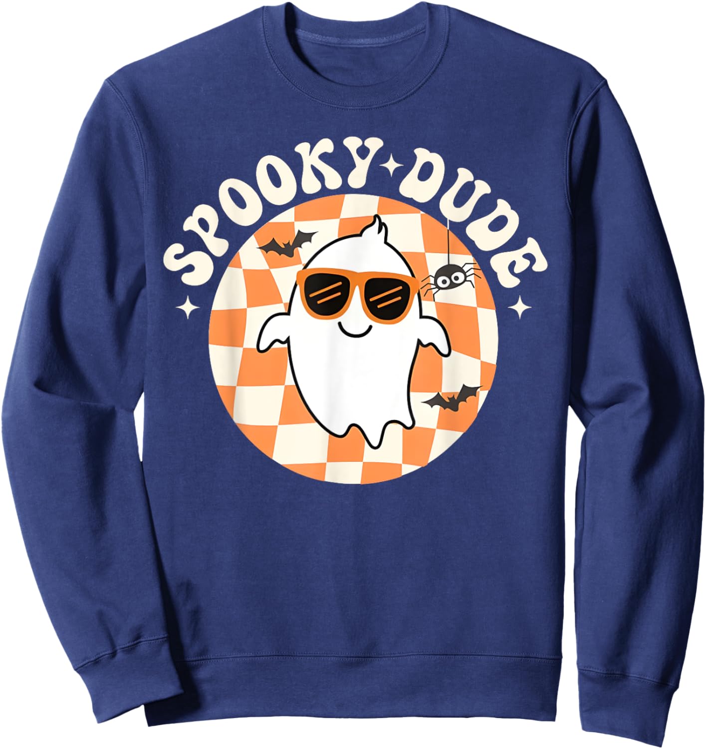 Groovy Spooky Dude Retro Checkered Ghost Halloween Toddler Sweatshirt - Sweatshirt | Navy
