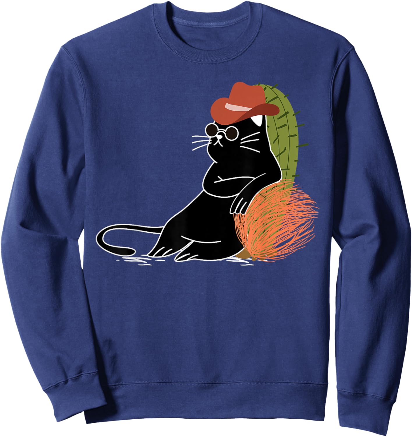 Relaxed Cowboy Cat Amidst Cactus and Wild West Tumbleweeds Sweatshirt - Sweatshirt | Navy