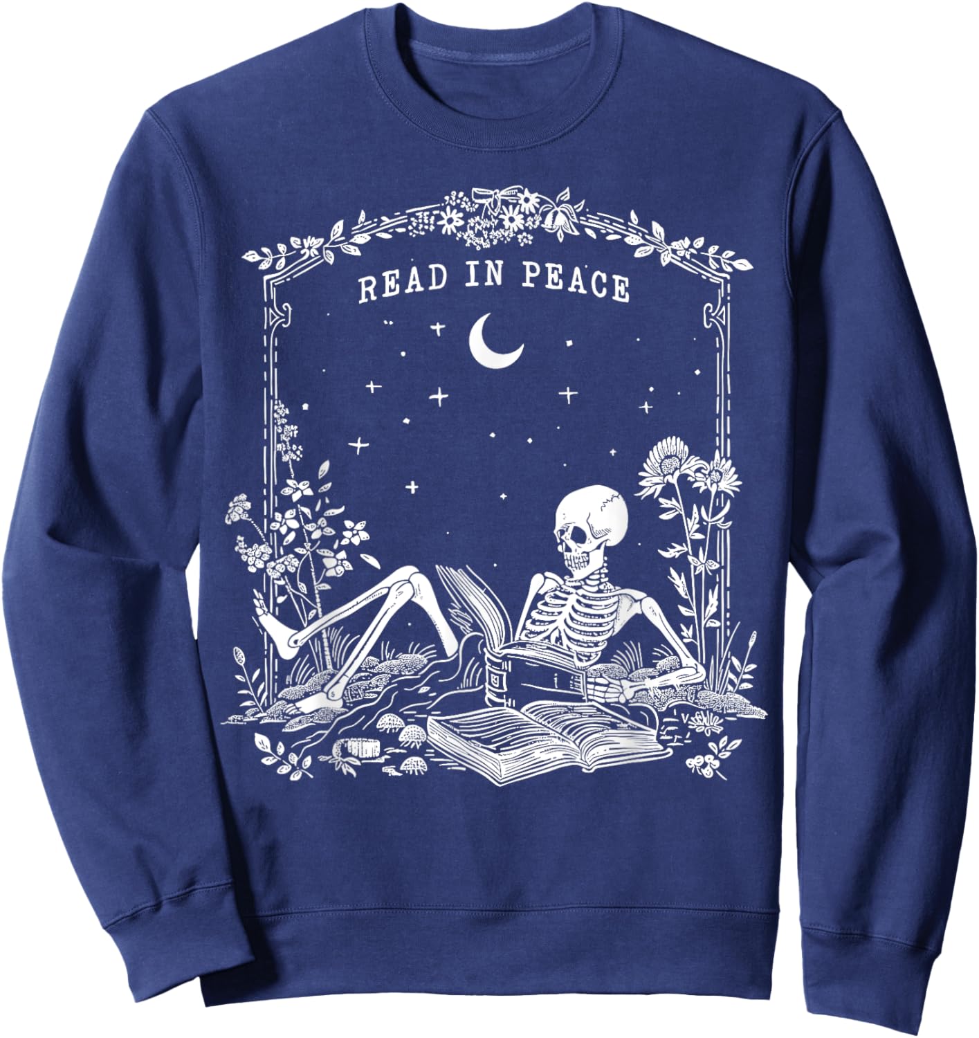 Read in Peace, Skeleton reading Book Halloween bookish Sweatshirt - Sweatshirt | Navy