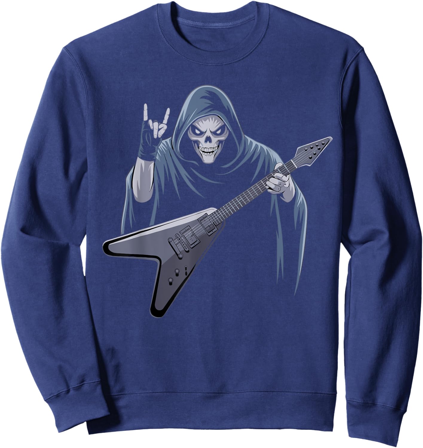 Skeleton Skull Guitar Rock On Heavy Metal Devil Horns Music Sweatshirt - Sweatshirt | Navy