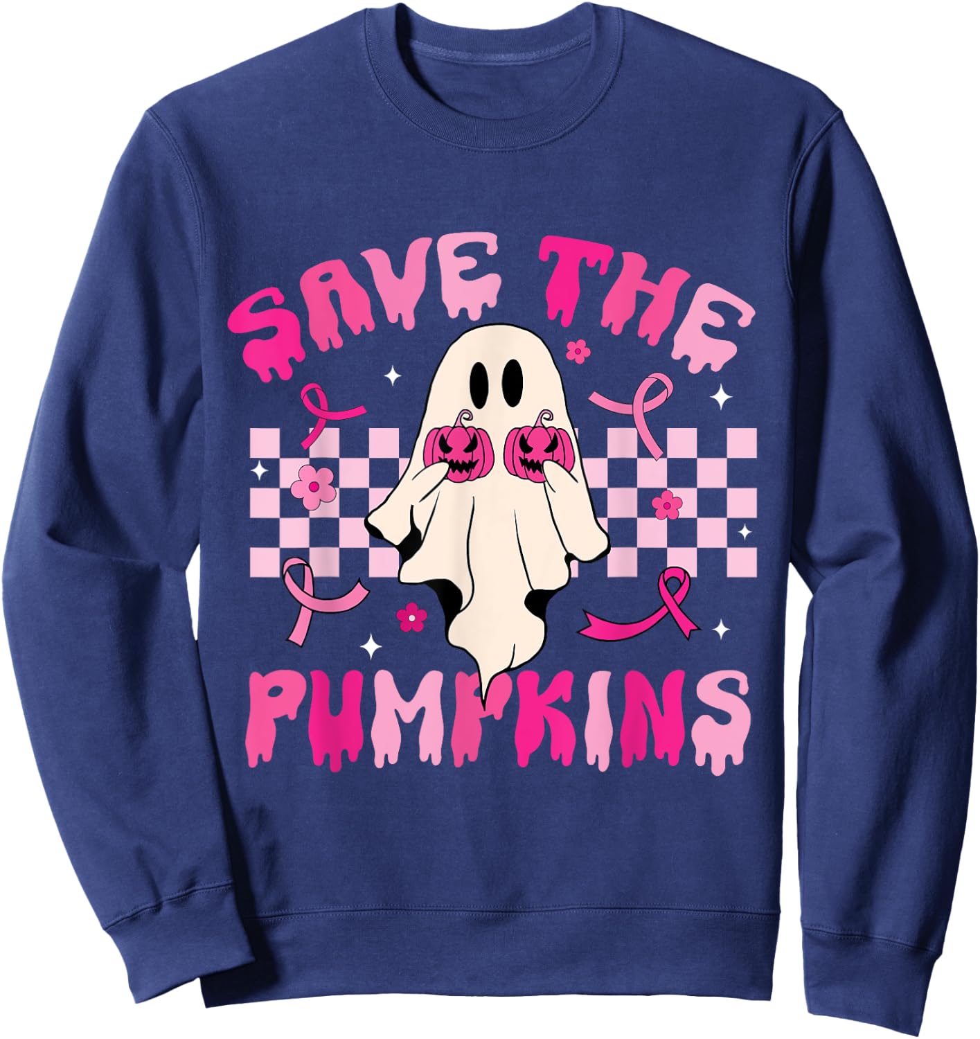 Rero Groovy Save The Pumpkins Ghost Breast Cancer Awareness Sweatshirt - Sweatshirt | Navy
