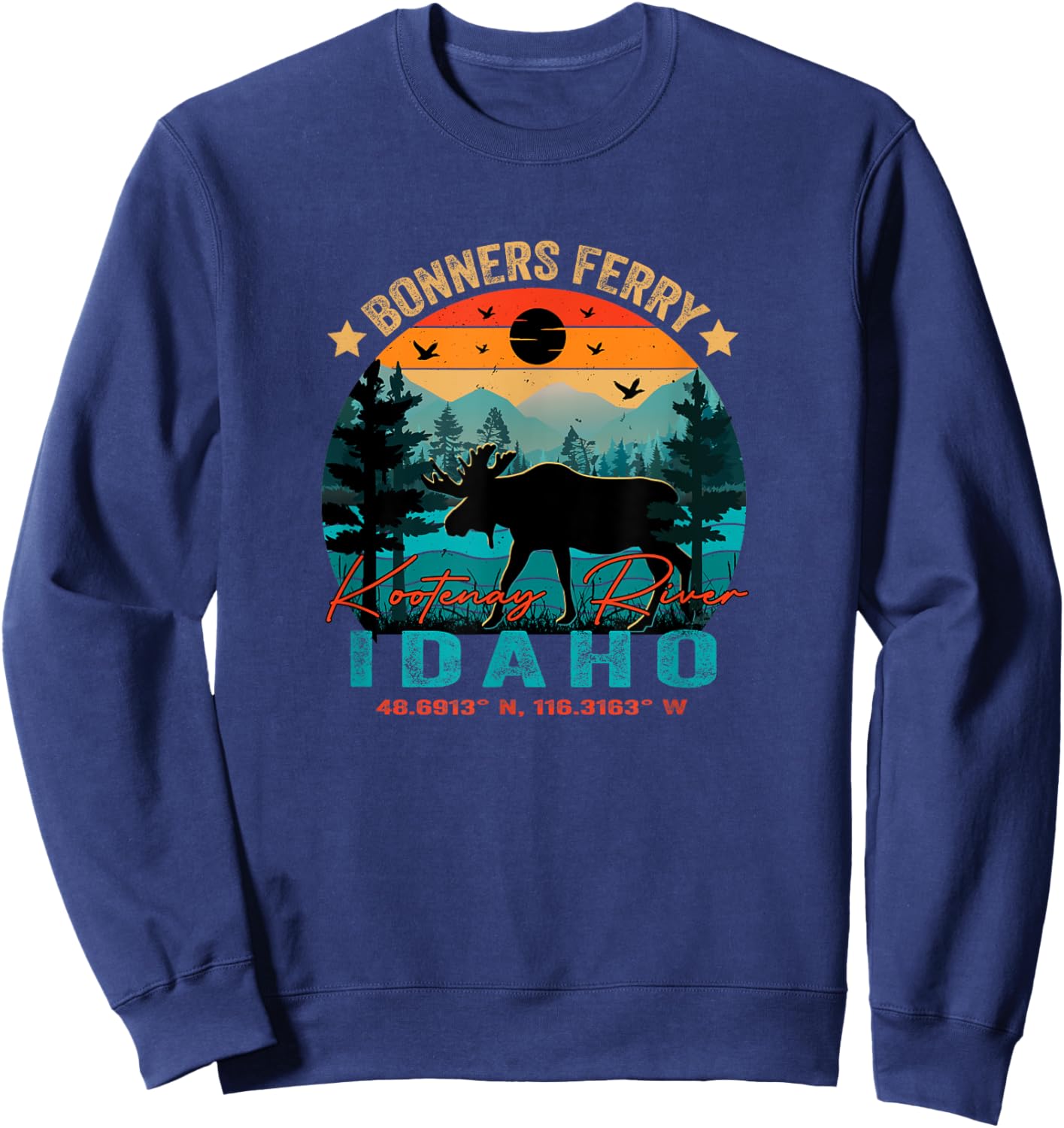 Bonners Ferry Idaho ID Retro Sunset Vintage Moose Mountains Sweatshirt - Sweatshirt | Navy