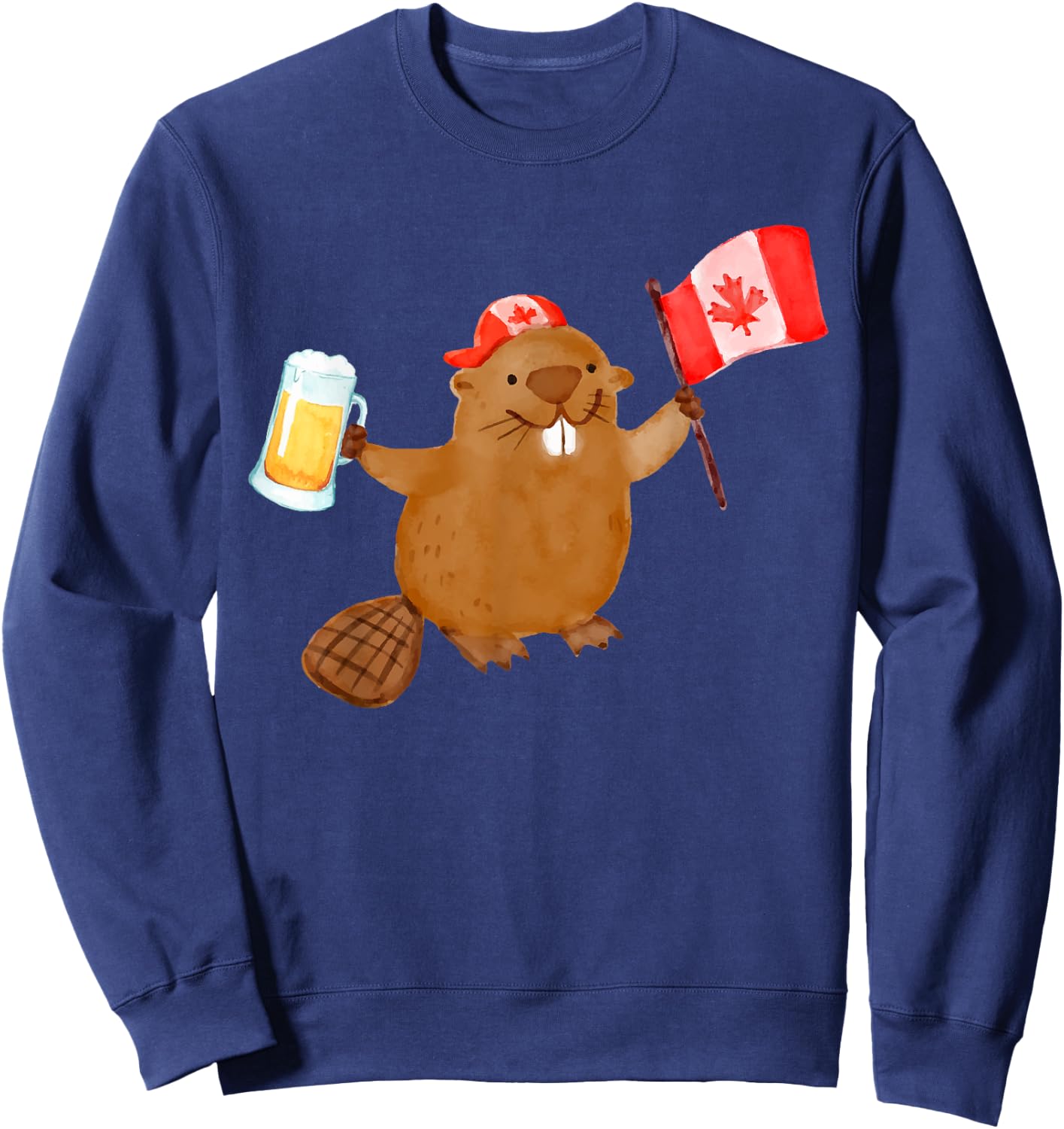 Beaver Holding Canada Flag Beer Sweatshirt - Sweatshirt | Navy
