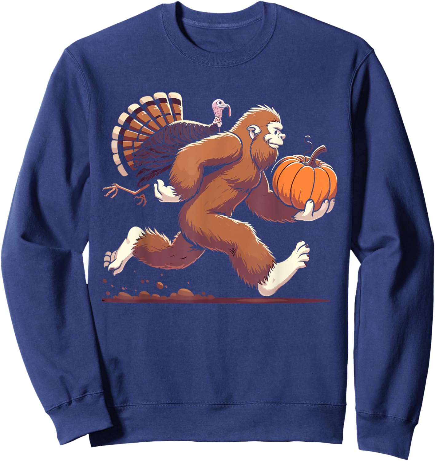 Bigfoot sasquatch with turkey and pumpkin for thanksgiving Sweatshirt - Sweatshirt | Navy