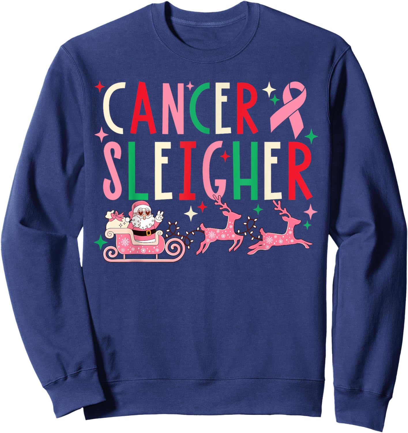 Breast Cancer Christmas Pink Ribbon Santa Sleigh Reindeer Sweatshirt - Sweatshirt | Navy