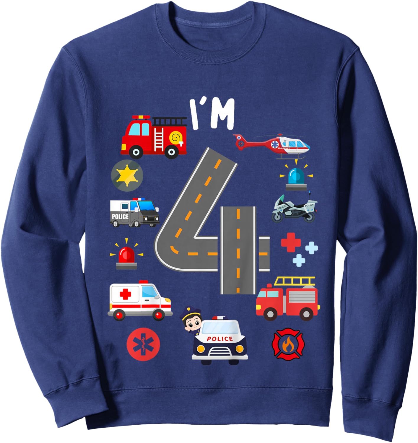 Kids 4th Birthday Emergency Vehicles Boys 4Years Old Toddler Kids Sweatshirt - Sweatshirt | Navy