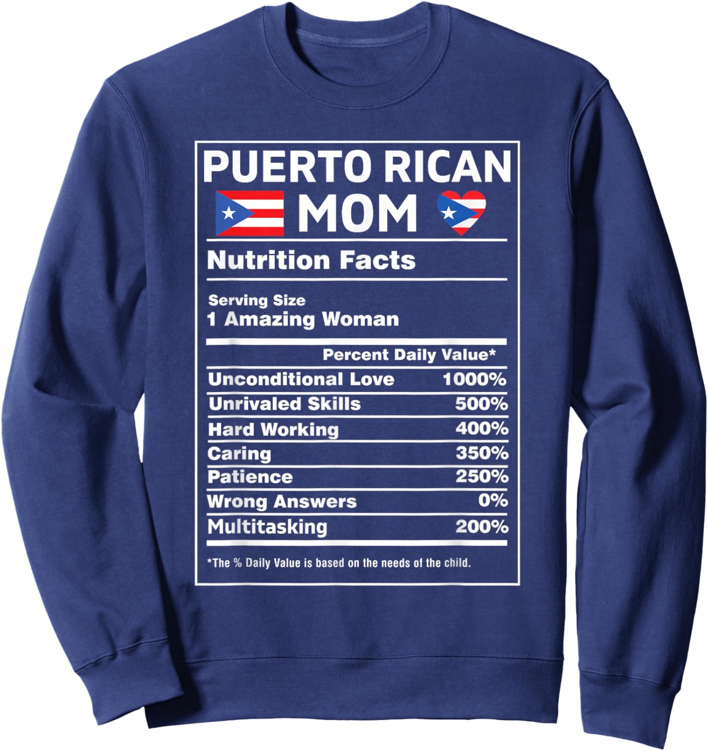 Puerto Rican Mom Nutrition Facts Boricua Puerto Rico PR Flag Sweatshirt - Sweatshirt | Navy