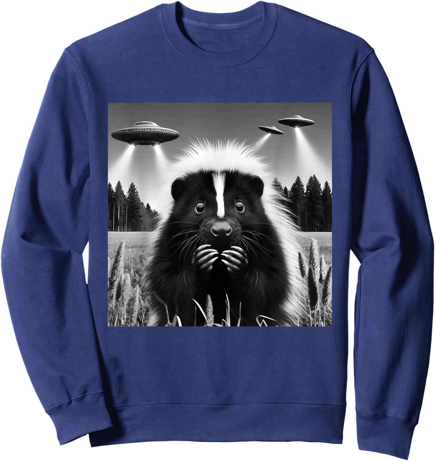Skunk Funny Graphic Selfie with UFOs Weird Aliens Sweatshirt - Sweatshirt | Navy